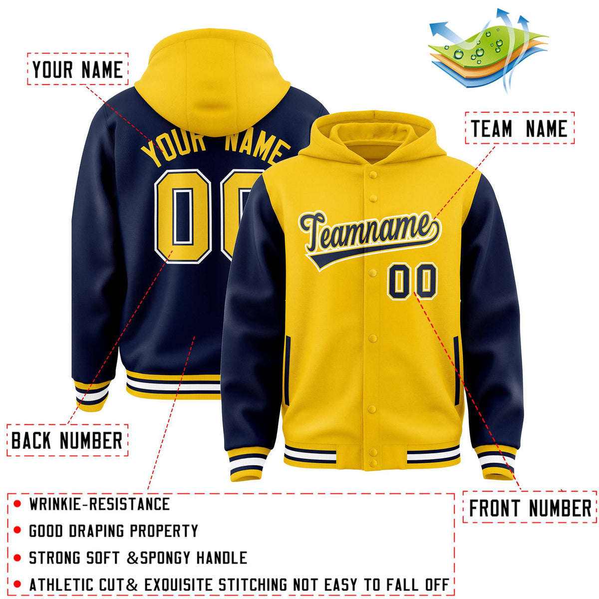 Custom Gold Navy Raglan Sleeves Varsity Full-Snap Letterman Two Tone Jacket Hoodie| KXKSHOP