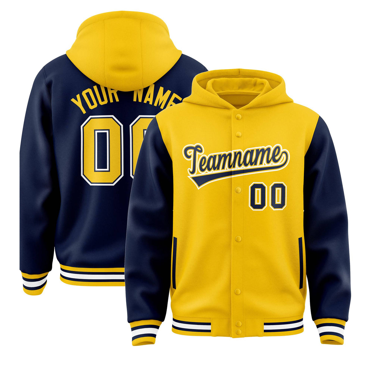 Custom Gold Navy Raglan Sleeves Varsity Full-Snap Letterman Two Tone Jacket Hoodie| KXKSHOP