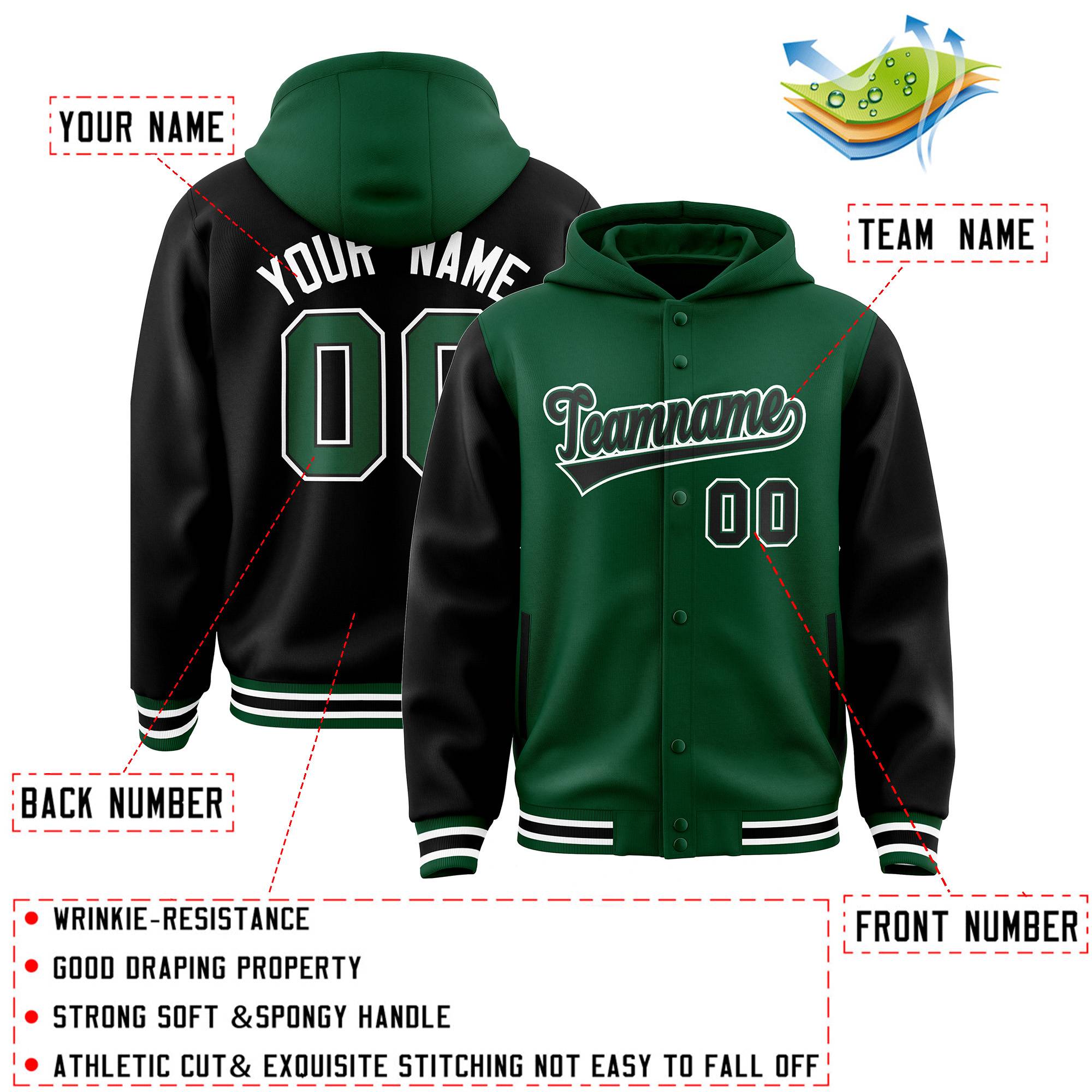 Custom Green Black Raglan Sleeves Varsity Full-Snap Letterman Two Tone Jacket Hoodie| KXKSHOP