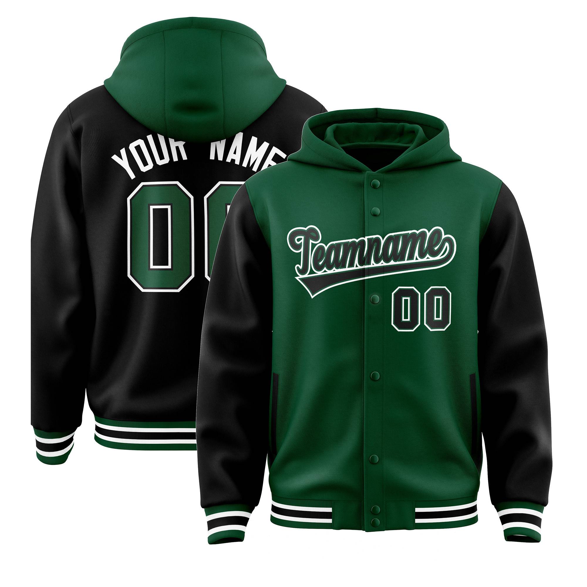 Custom Green Black Raglan Sleeves Varsity Full-Snap Letterman Two Tone Jacket Hoodie| KXKSHOP
