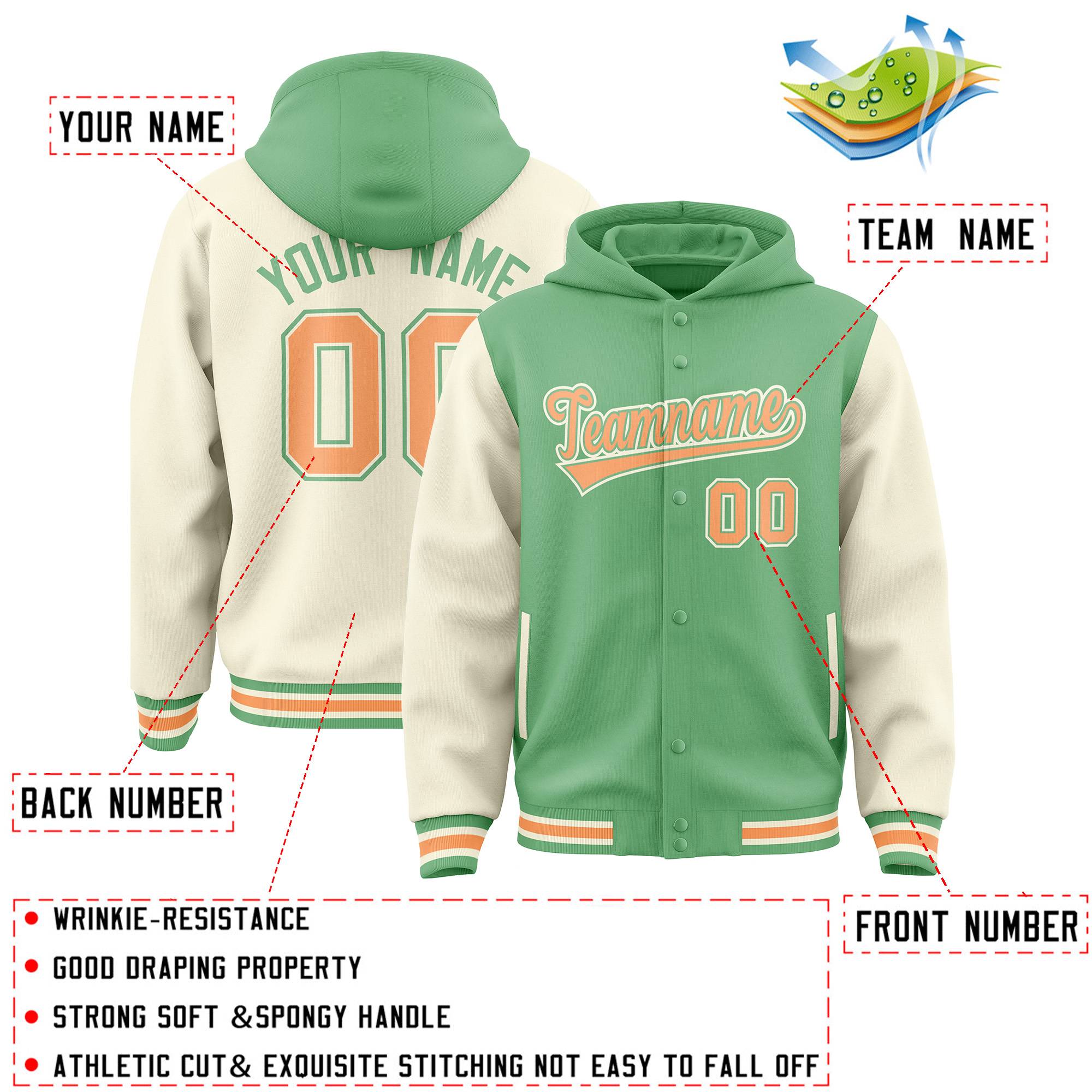 Custom Green Cream Raglan Sleeves Varsity Full-Snap Letterman Two Tone Jacket Hoodie| KXKSHOP