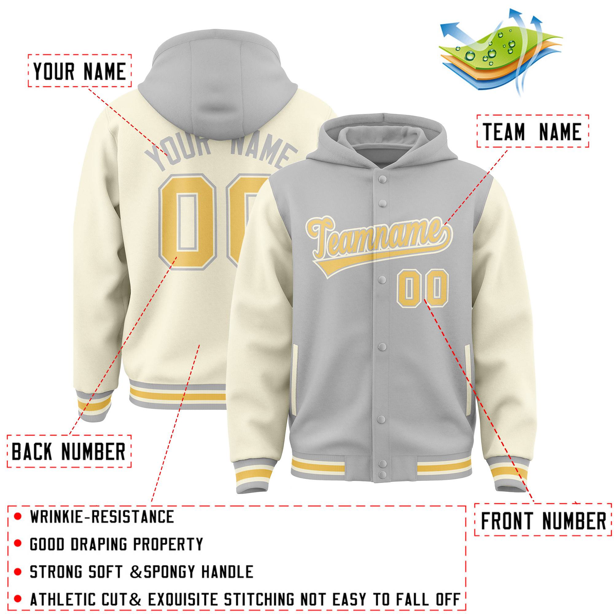 Custom Gray Cream Raglan Sleeves Varsity Full-Snap Letterman Two Tone Jacket Hoodie| KXKSHOP