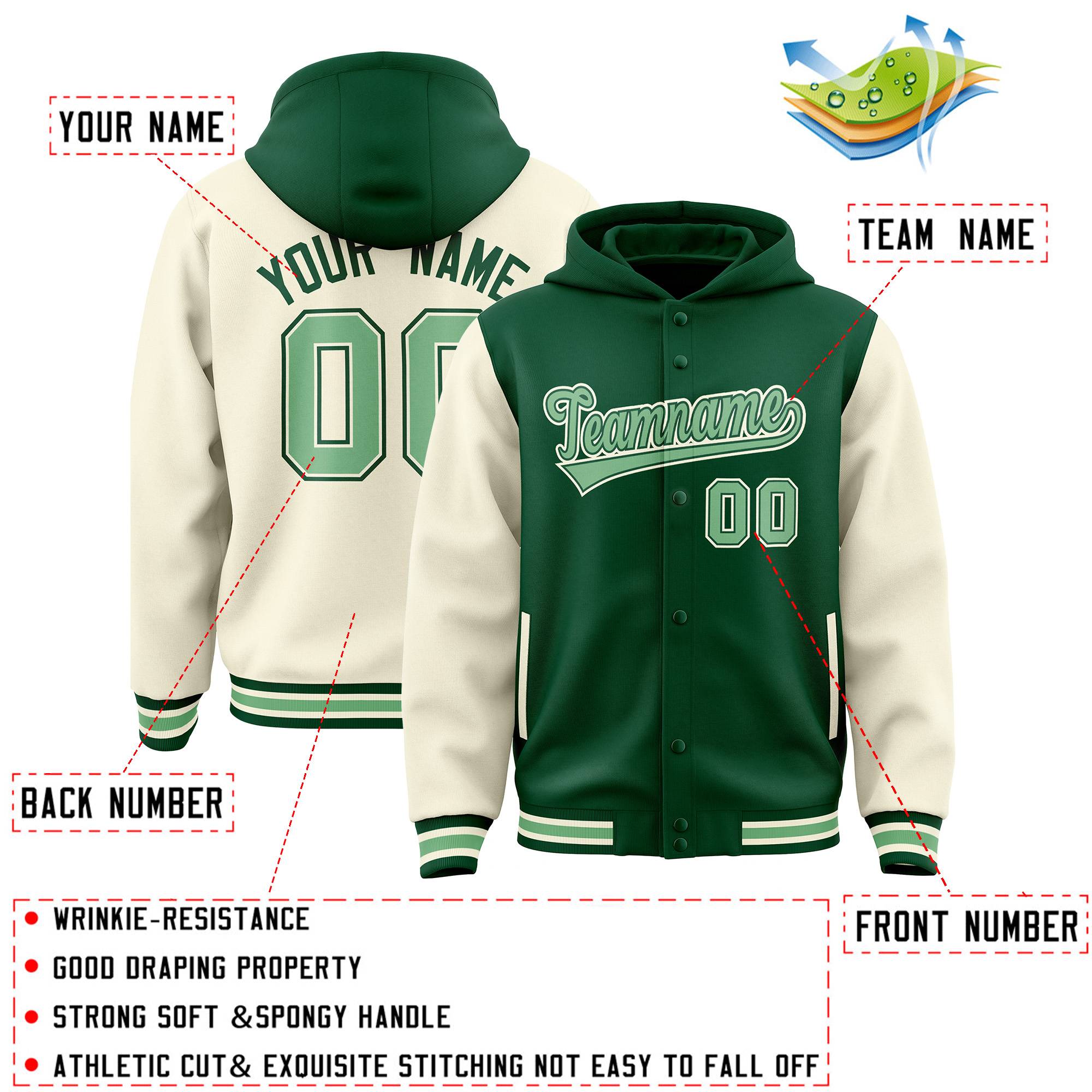 Custom Green Cream Raglan Sleeves Varsity Full-Snap Letterman Two Tone Jacket Hoodie| KXKSHOP