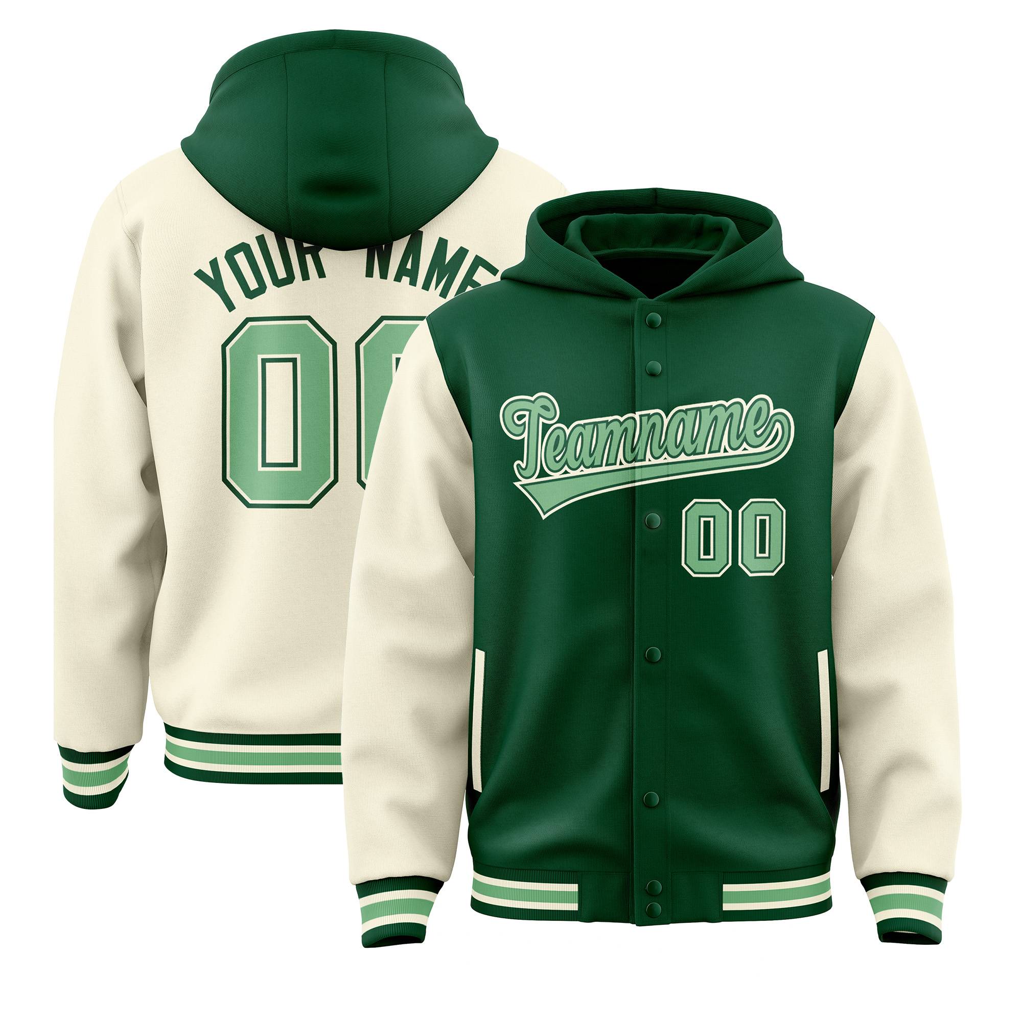 Custom Green Cream Raglan Sleeves Varsity Full-Snap Letterman Two Tone Jacket Hoodie| KXKSHOP