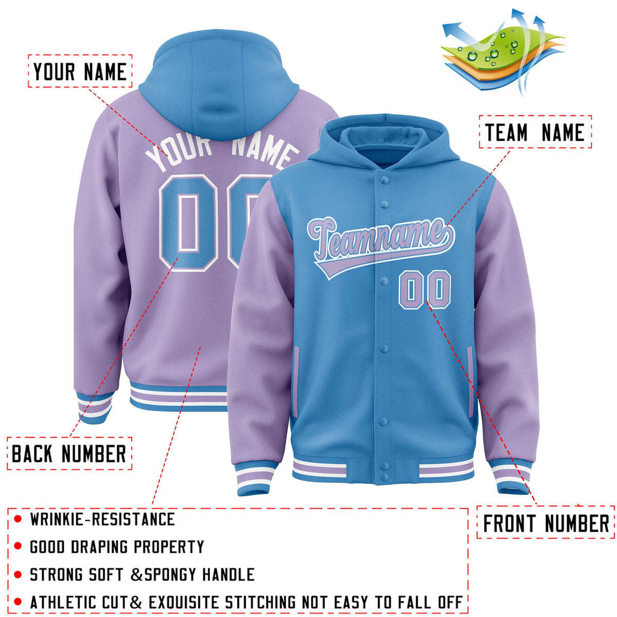 Custom Powder Blue Light Purple Raglan Sleeves Varsity Full-Snap Letterman Two Tone Jacket Hoodie| KXKSHOP