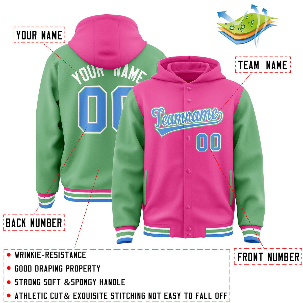 Custom Pink Green Raglan Sleeves Varsity Full-Snap Letterman Two Tone Jacket Hoodie| KXKSHOP