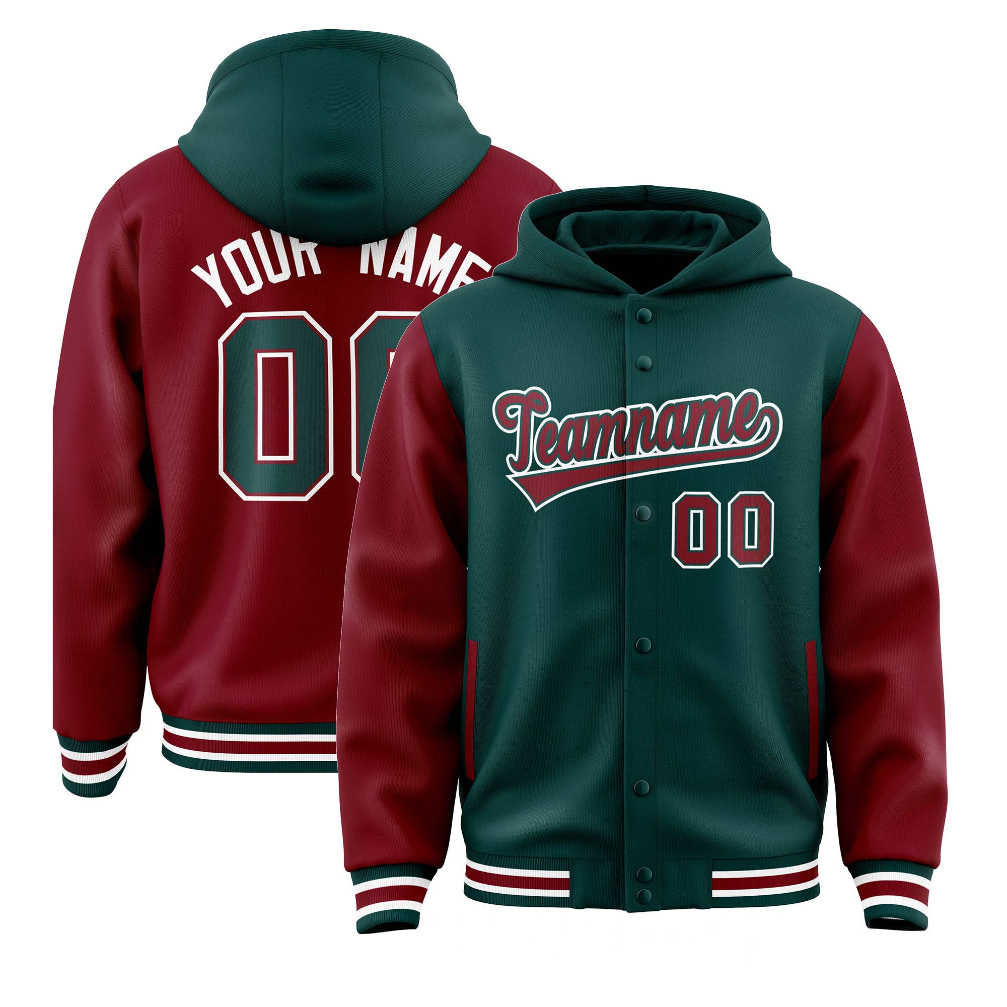 Custom Midnight Green Crimson Raglan Sleeves Varsity Full-Snap Letterman Two Tone Jacket Hoodie| KXKSHOP