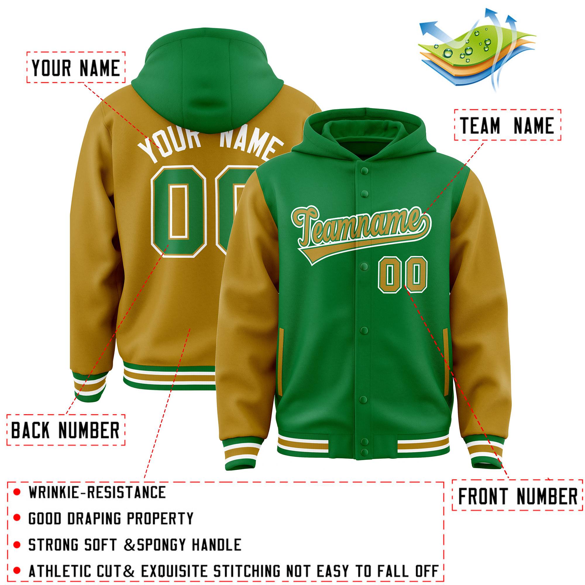 Custom Kelly Green Old Gold Raglan Sleeves Varsity Full-Snap Letterman Two Tone Jacket Hoodie| KXKSHOP