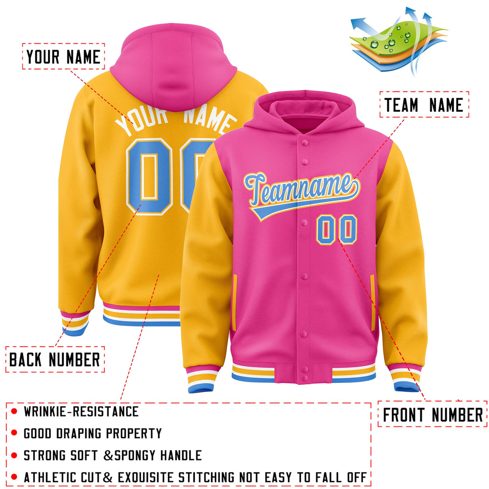 Custom Pink Gold Raglan Sleeves Varsity Full-Snap Letterman Two Tone Jacket Hoodie| KXKSHOP