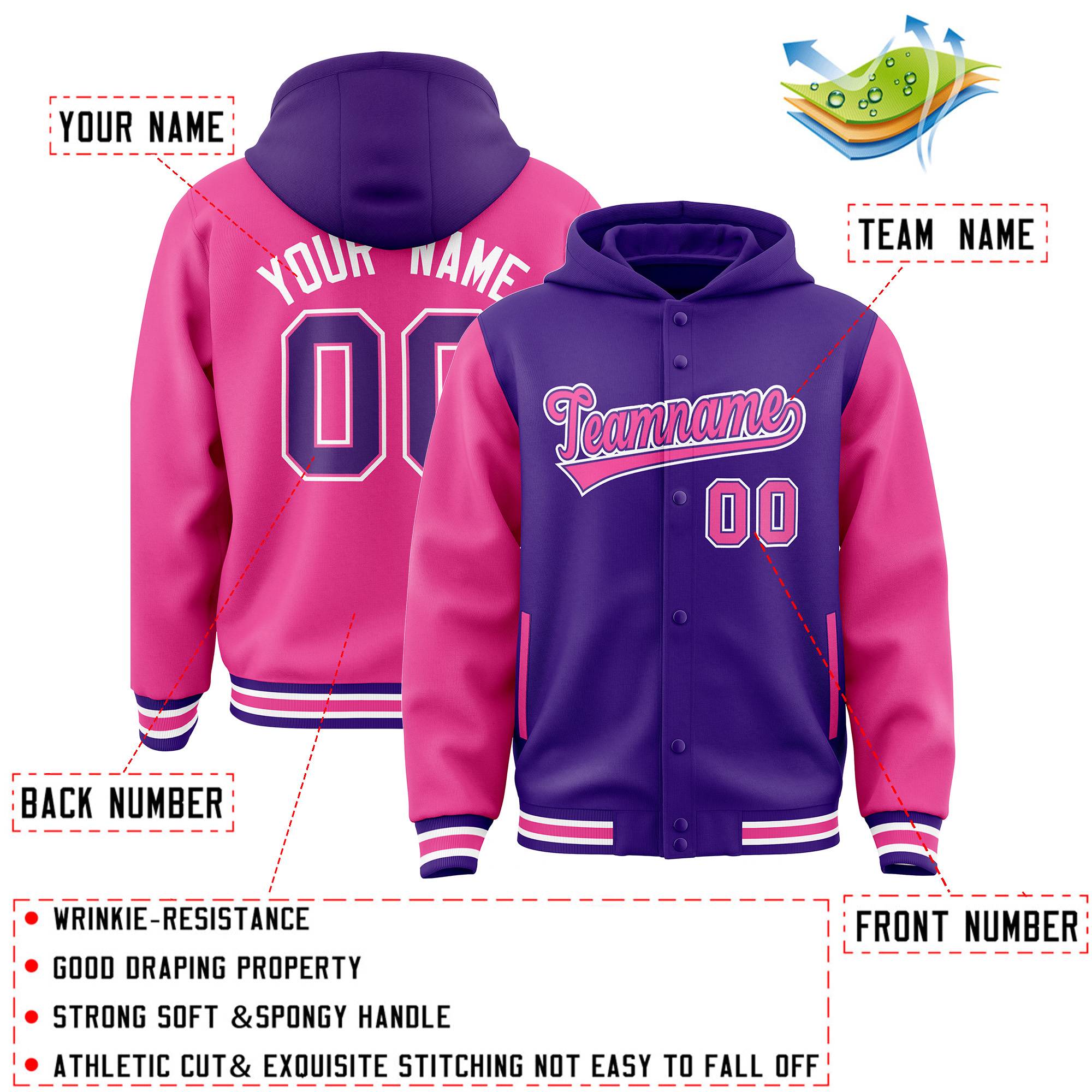 Custom Purple Pink Raglan Sleeves Varsity Full-Snap Letterman Two Tone Jacket Hoodie| KXKSHOP