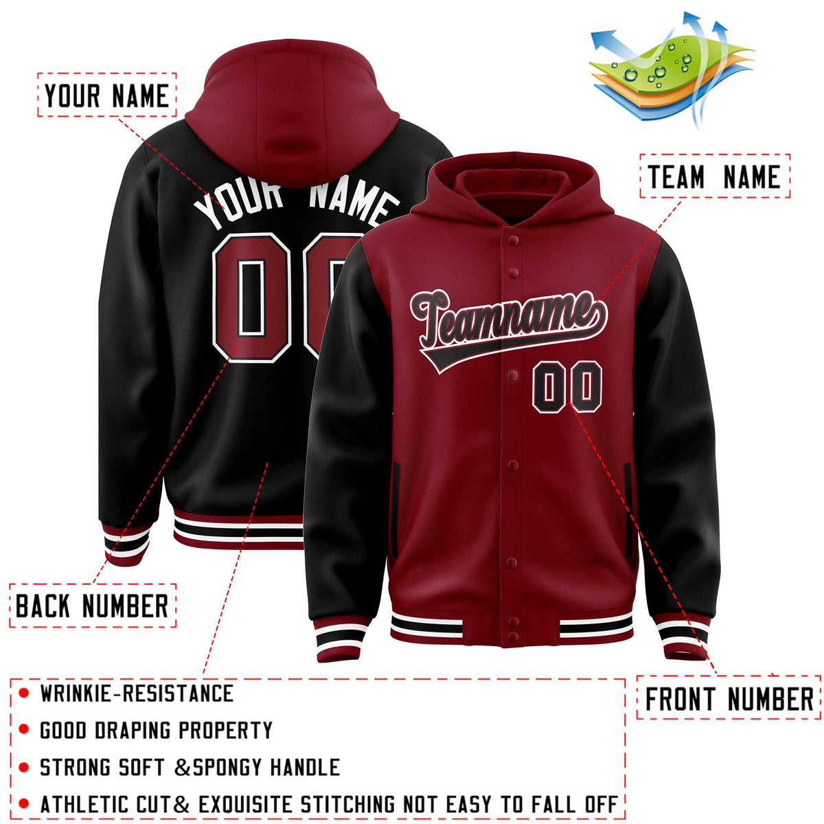 Custom Crimson Black Raglan Sleeves Varsity Full-Snap Letterman Two Tone Jacket Hoodie| KXKSHOP