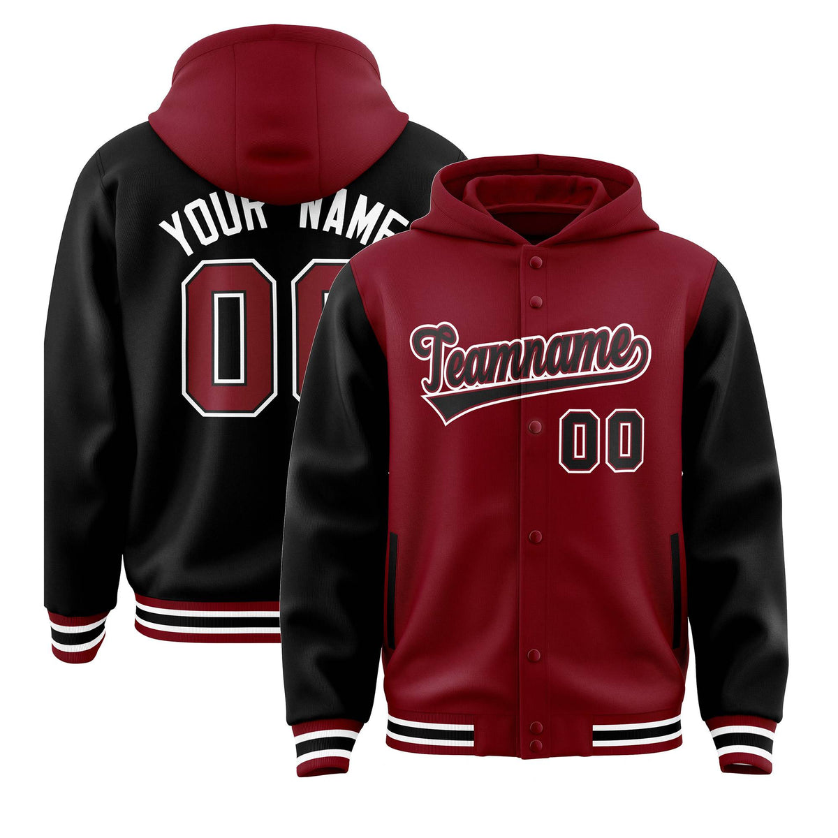 Custom Crimson Black Raglan Sleeves Varsity Full-Snap Letterman Two Tone Jacket Hoodie| KXKSHOP