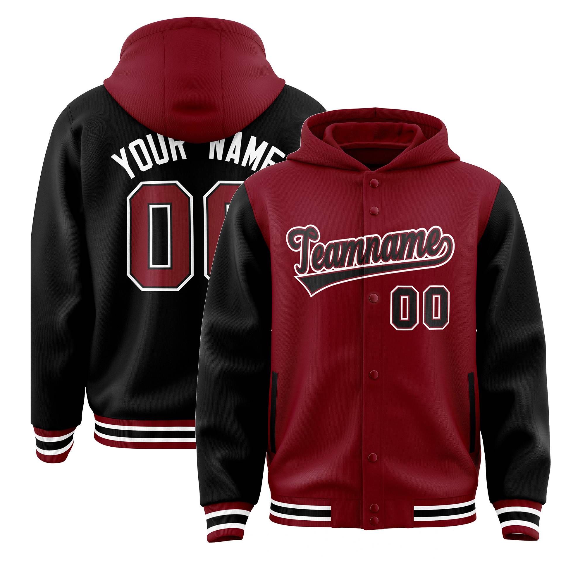 Custom Crimson Black Raglan Sleeves Varsity Full-Snap Letterman Two Tone Jacket Hoodie| KXKSHOP