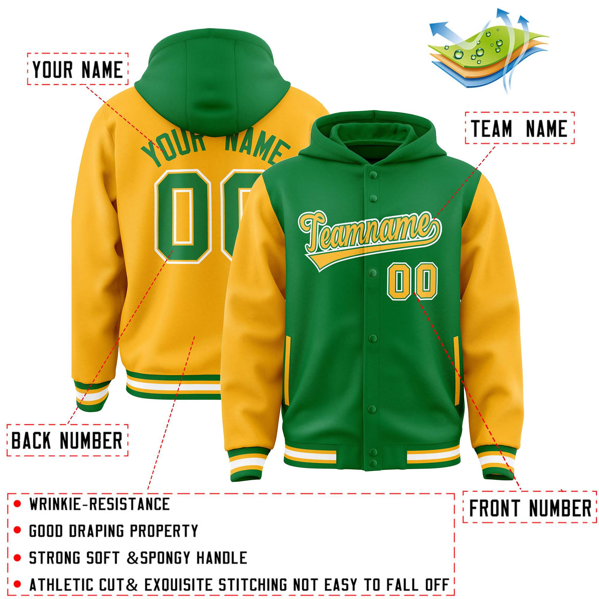 Custom Kelly Green Gold Raglan Sleeves Varsity Full-Snap Letterman Two Tone Jacket Hoodie| KXKSHOP