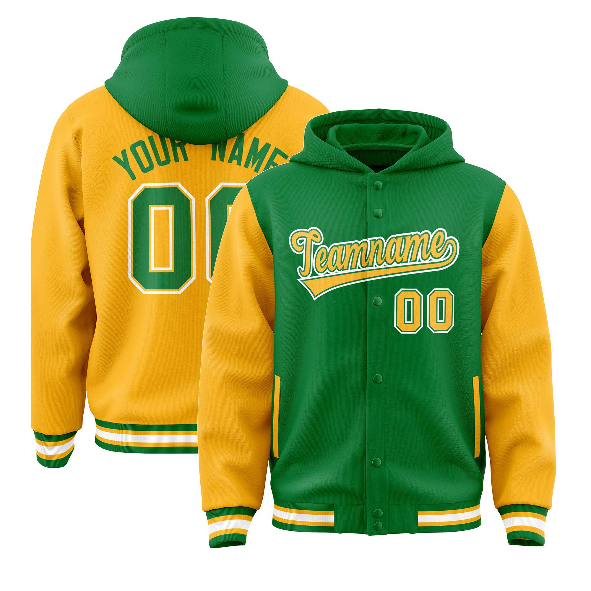 Custom Kelly Green Gold Raglan Sleeves Varsity Full-Snap Letterman Two Tone Jacket Hoodie| KXKSHOP