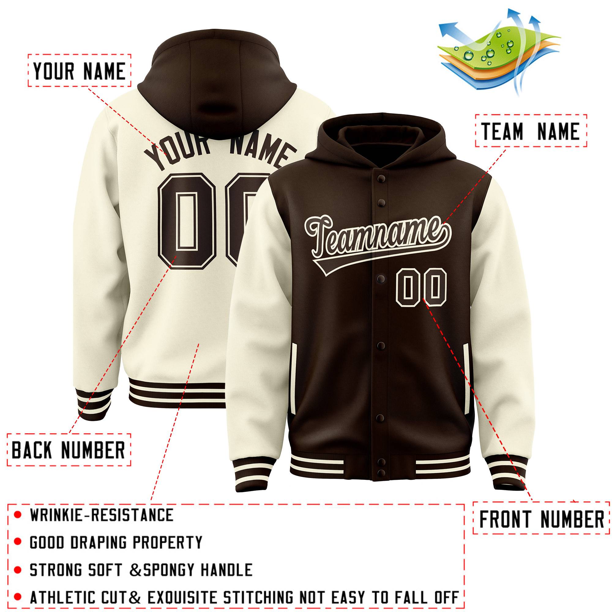 Custom Brown Cream Raglan Sleeves Varsity Full-Snap Letterman Two Tone Jacket Hoodie| KXKSHOP