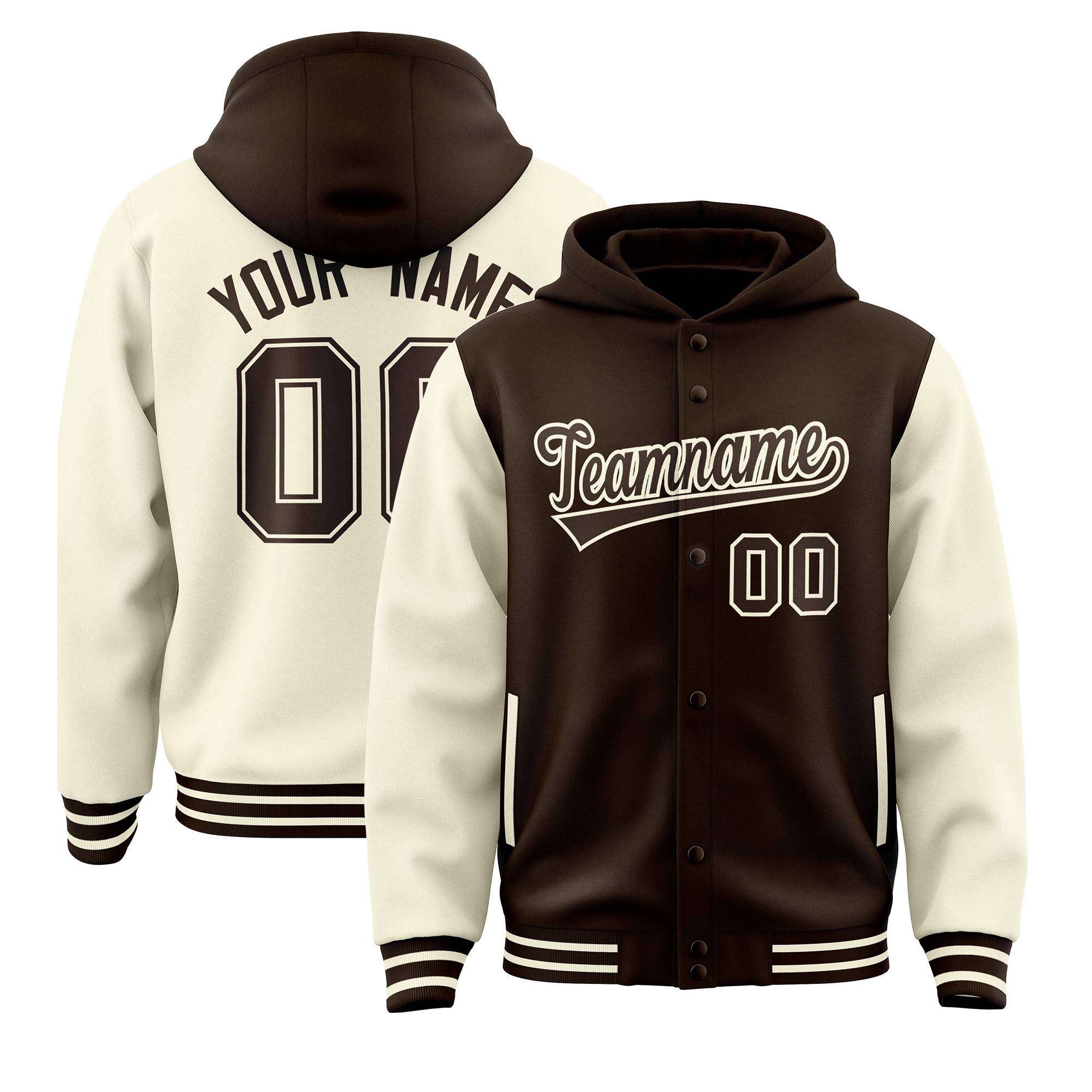 Custom Brown Cream Raglan Sleeves Varsity Full-Snap Letterman Two Tone Jacket Hoodie| KXKSHOP