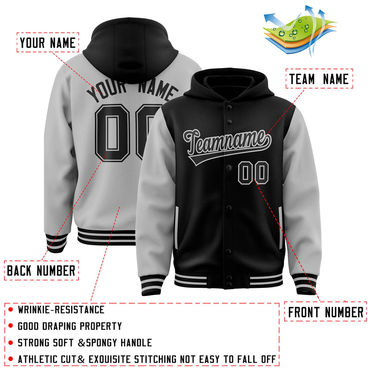 Custom Black Gray Raglan Sleeves Varsity Full-Snap Letterman Two Tone Jacket Hoodie| KXKSHOP