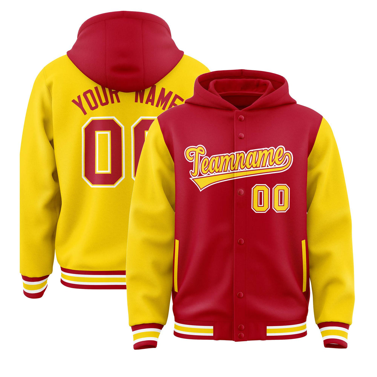 Custom Red Gold Raglan Sleeves Varsity Full-Snap Letterman Two Tone Jacket Hoodie| KXKSHOP