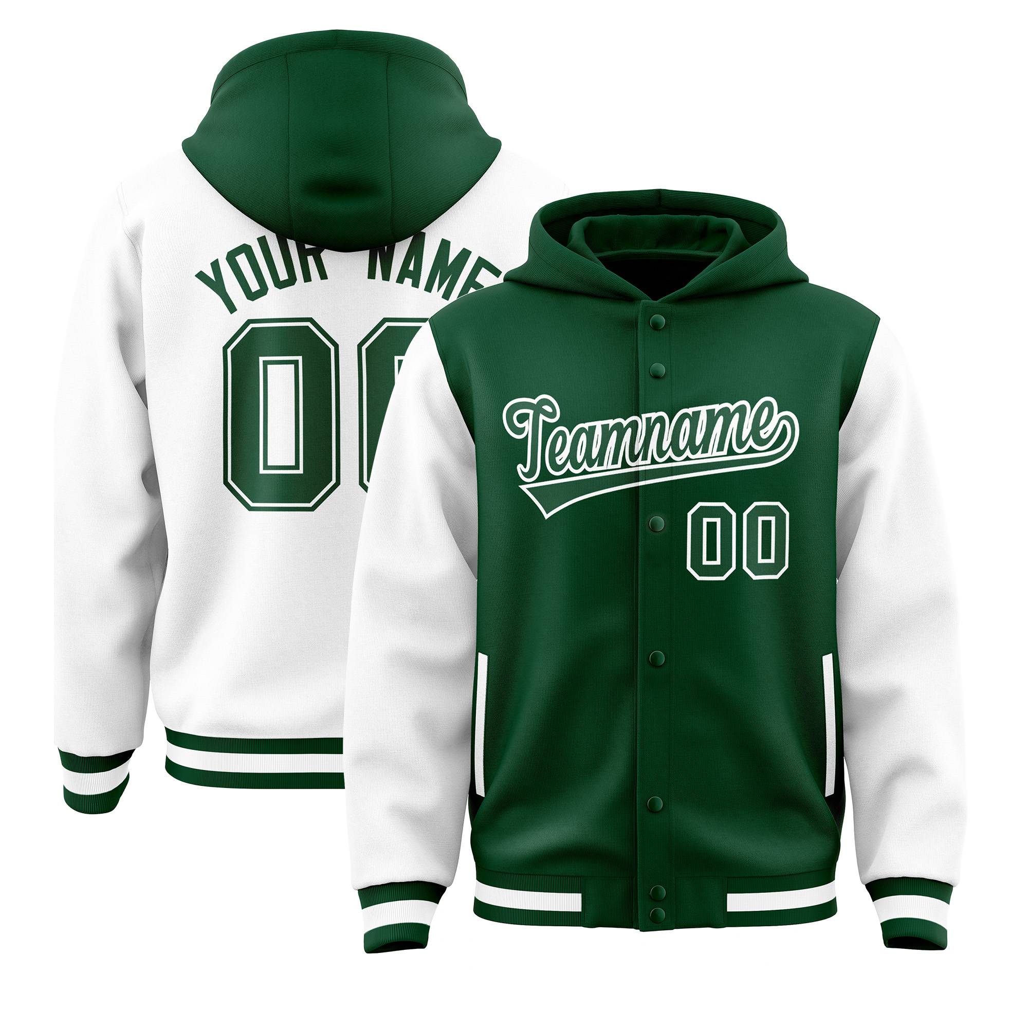Custom Green White Raglan Sleeves Varsity Full-Snap Letterman Two Tone Jacket Hoodie| KXKSHOP