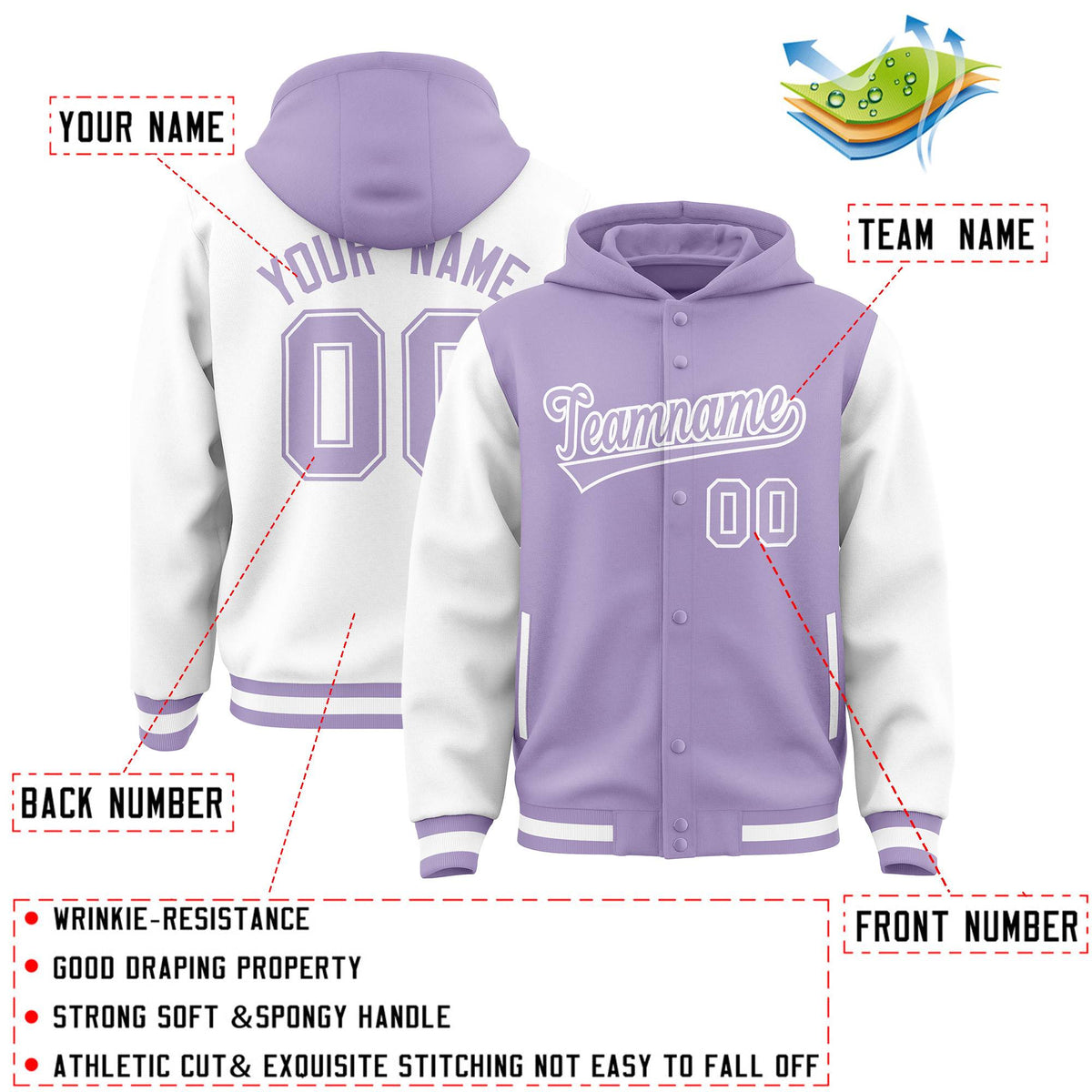 Custom Light Purple White Raglan Sleeves Varsity Full-Snap Letterman Two Tone Jacket Hoodie| KXKSHOP