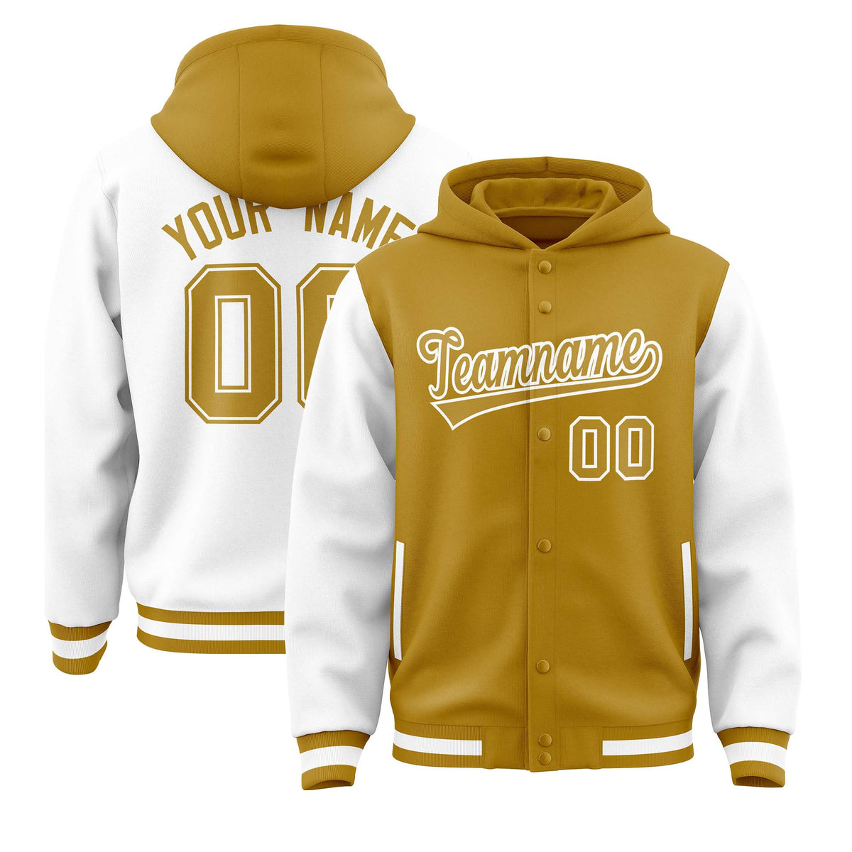 Custom Old Gold White Raglan Sleeves Varsity Full-Snap Letterman Two Tone Jacket Hoodie| KXKSHOP