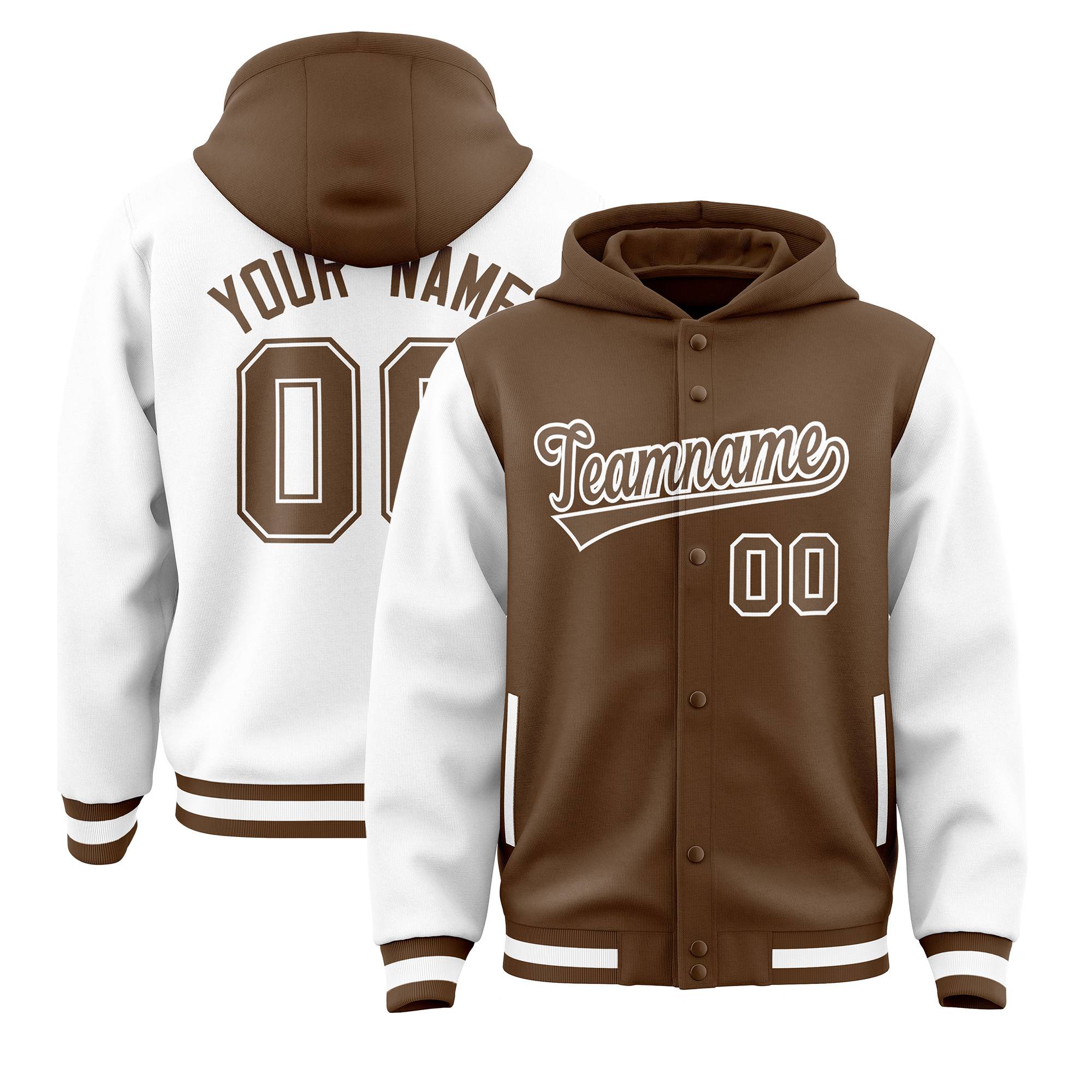 Custom Light Brown White Raglan Sleeves Varsity Full-Snap Letterman Two Tone Jacket Hoodie| KXKSHOP