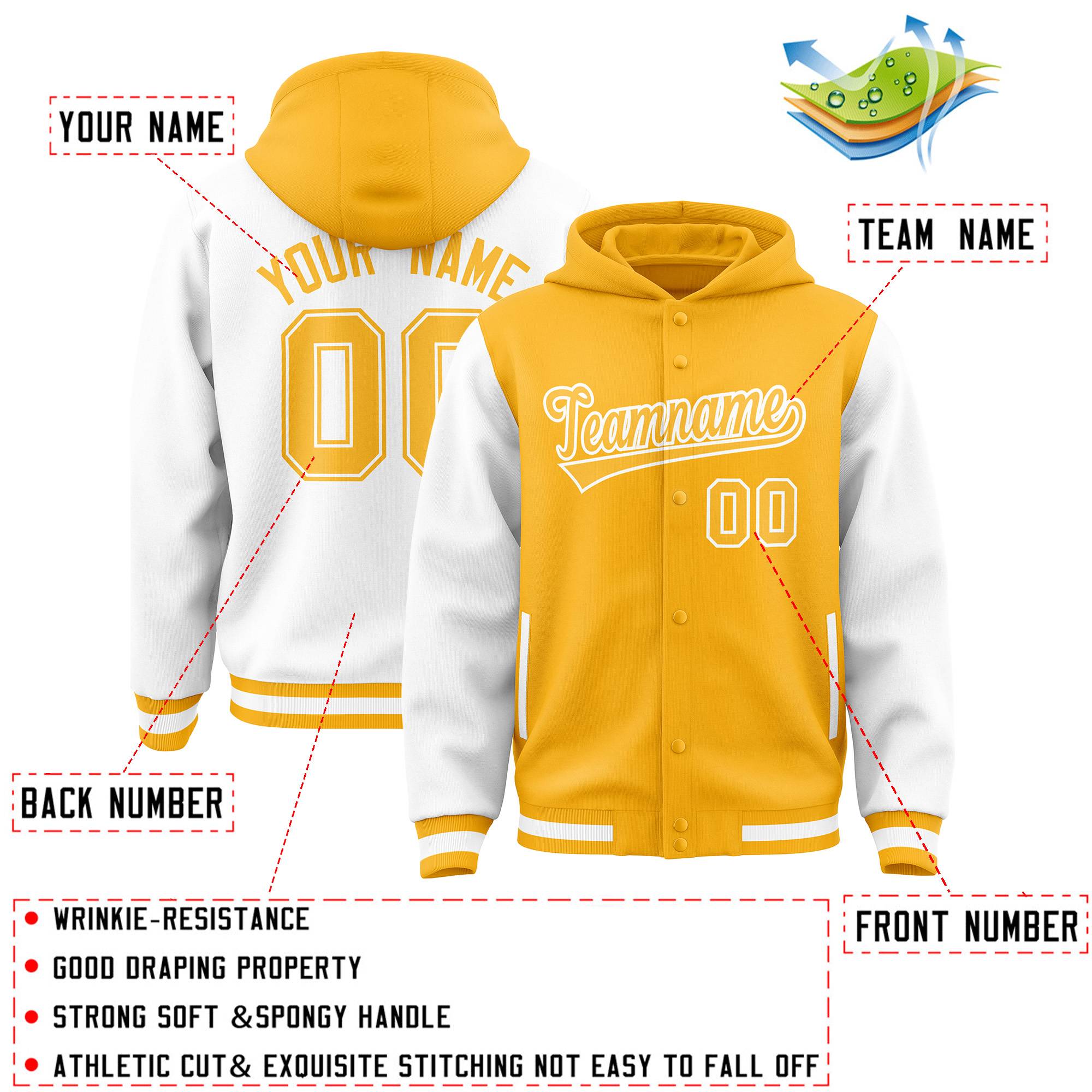 Custom Gold White Raglan Sleeves Varsity Full-Snap Letterman Two Tone Jacket Hoodie| KXKSHOP