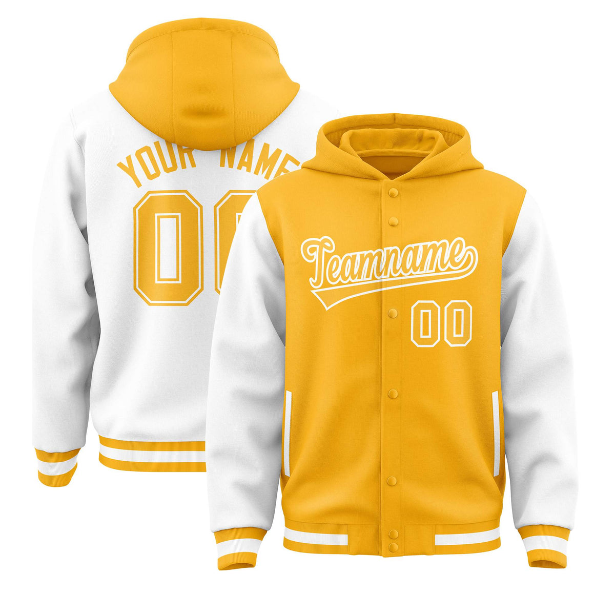 Custom Gold White Raglan Sleeves Varsity Full-Snap Letterman Two Tone Jacket Hoodie| KXKSHOP