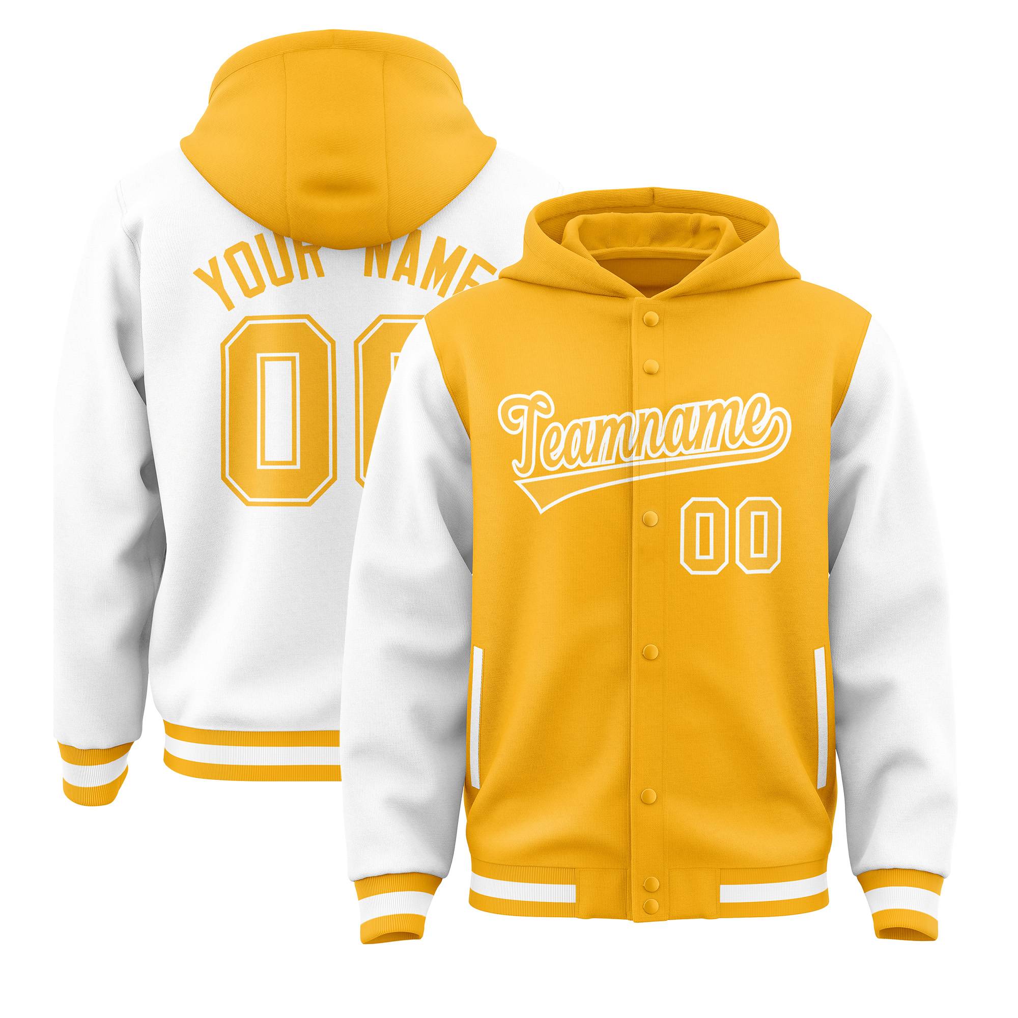 Custom Gold White Raglan Sleeves Varsity Full-Snap Letterman Two Tone Jacket Hoodie| KXKSHOP