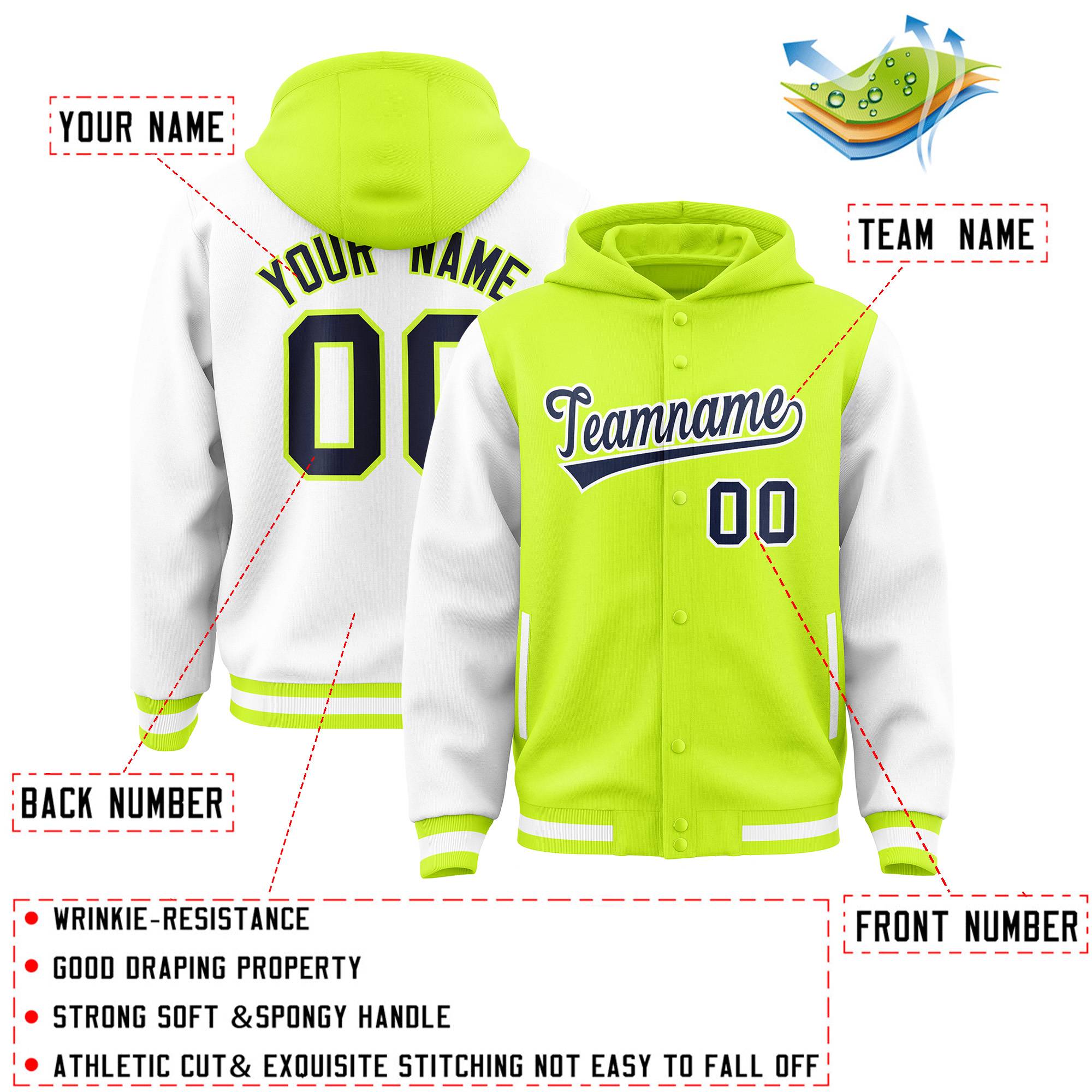 Custom Neon Green White Raglan Sleeves Varsity Full-Snap Letterman Two Tone Jacket Hoodie| KXKSHOP