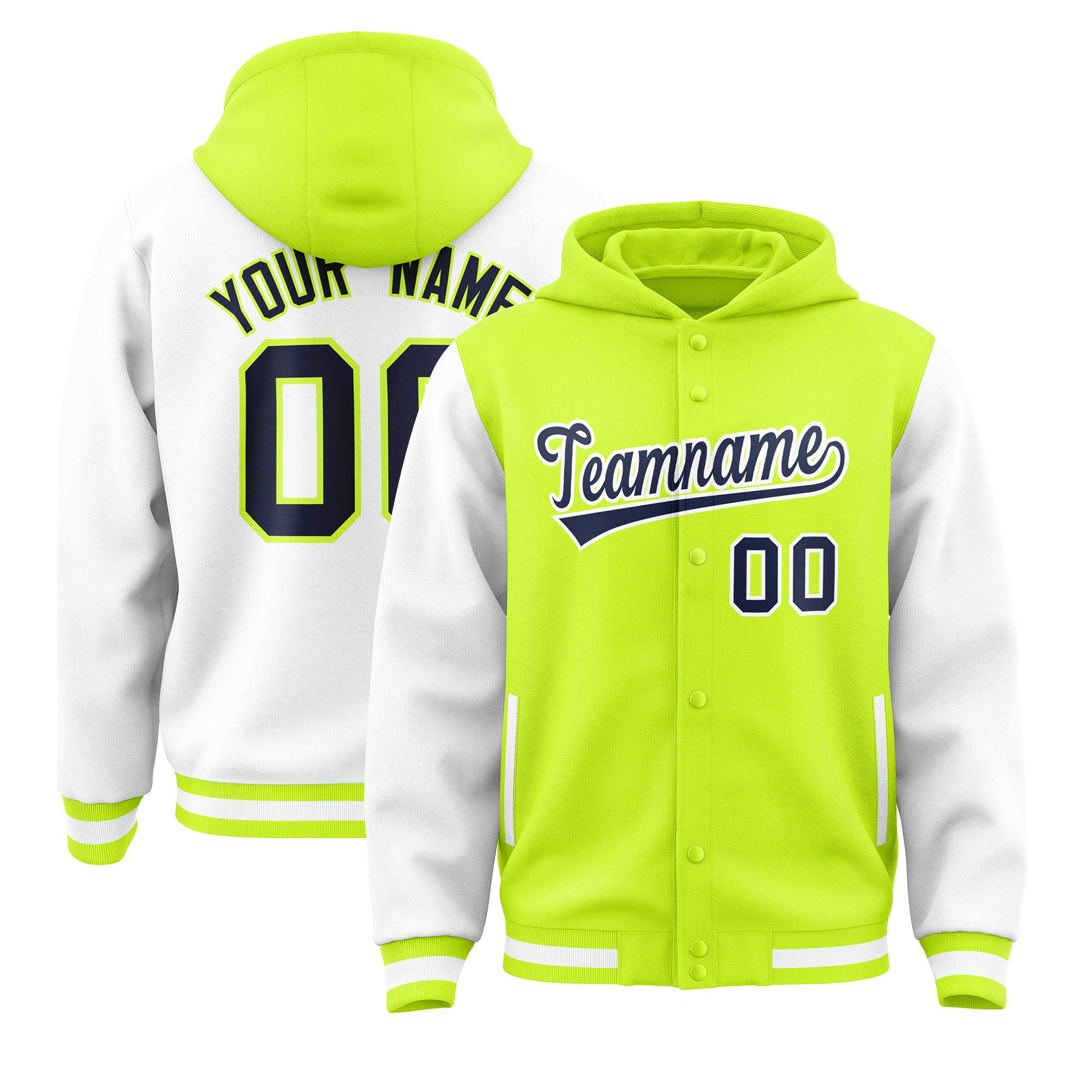 Custom Neon Green White Raglan Sleeves Varsity Full-Snap Letterman Two Tone Jacket Hoodie| KXKSHOP