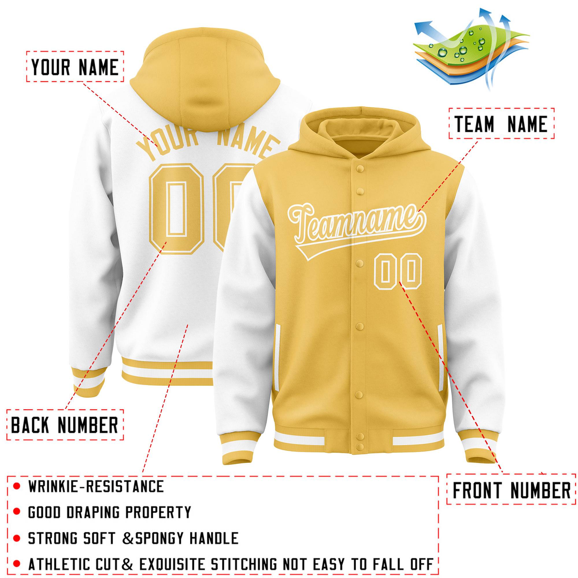 Custom Khaki White Raglan Sleeves Varsity Full-Snap Letterman Two Tone Jacket Hoodie| KXKSHOP