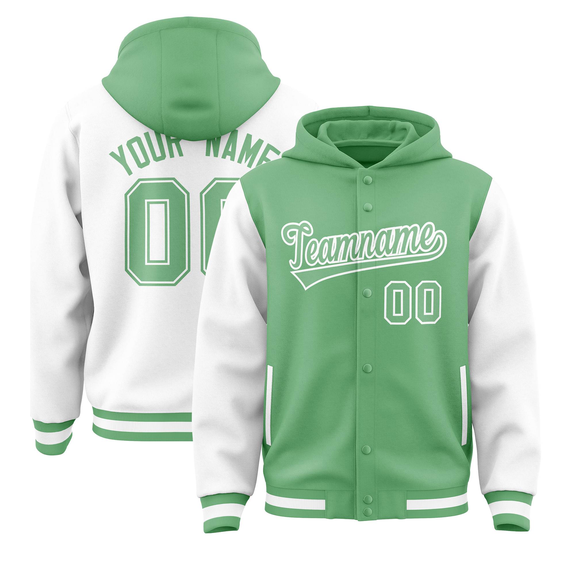 Custom Green White Raglan Sleeves Varsity Full-Snap Letterman Two Tone Jacket Hoodie| KXKSHOP