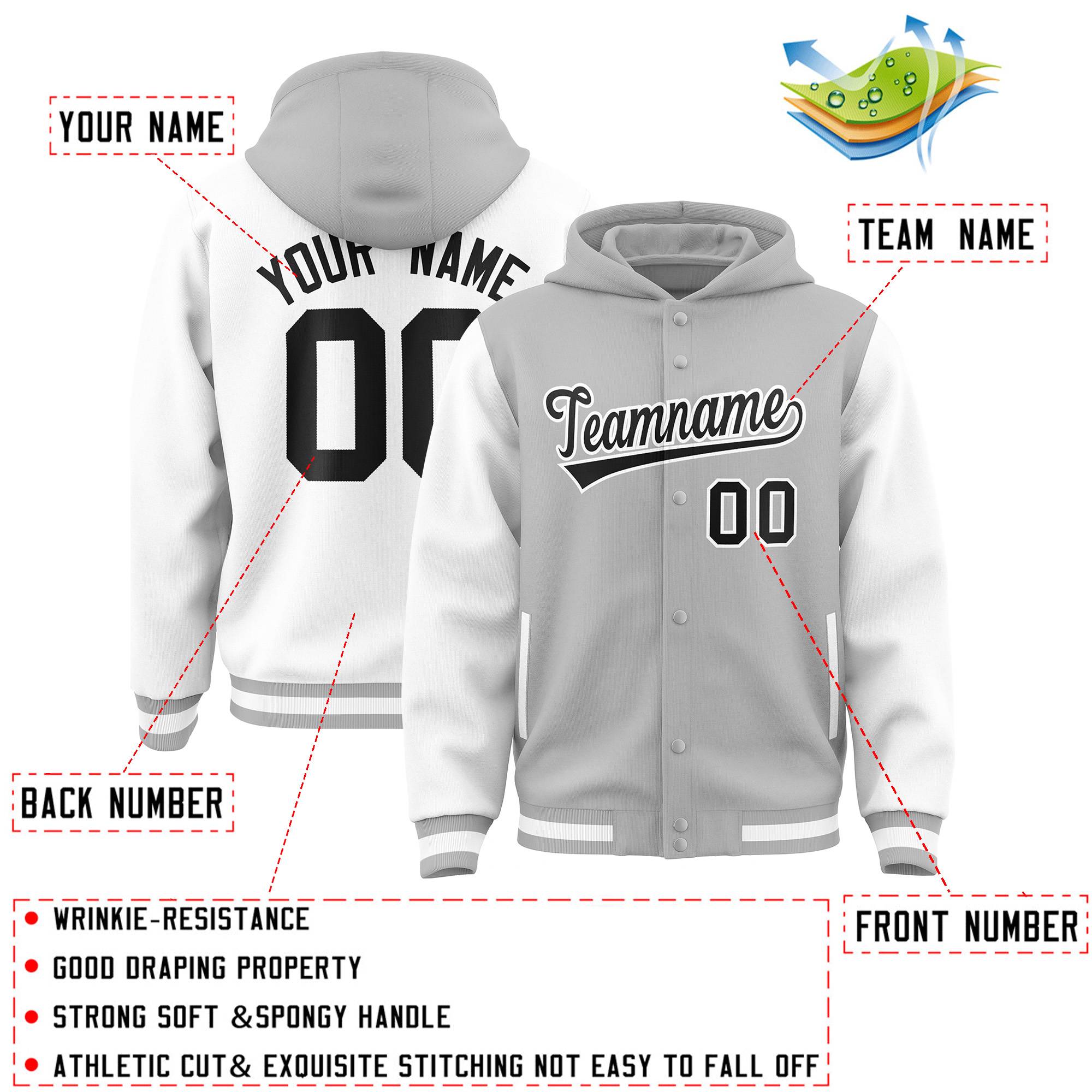 Custom Gray White Raglan Sleeves Varsity Full-Snap Letterman Two Tone Jacket Hoodie| KXKSHOP
