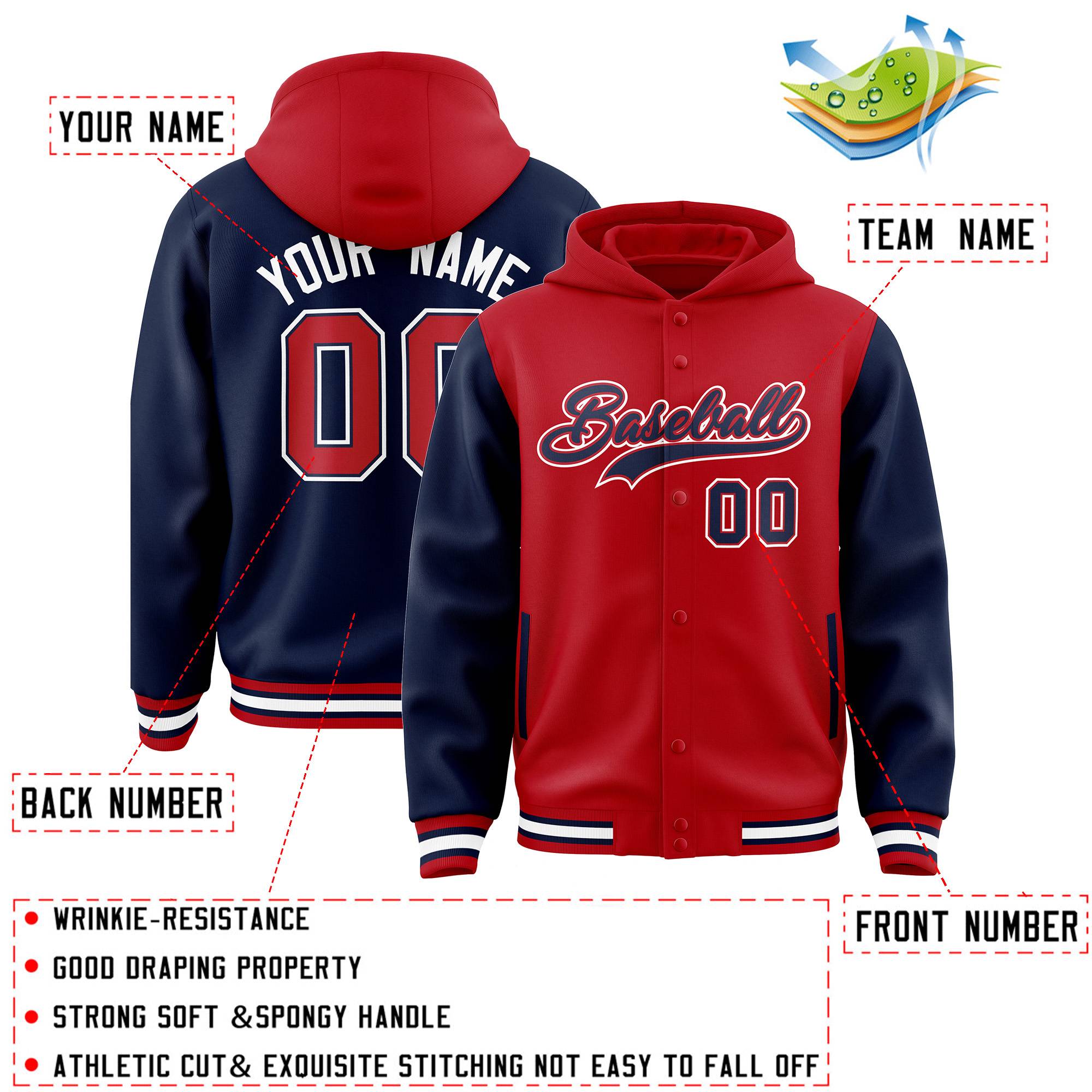 Custom Red Navy Raglan Sleeves Varsity Full-Snap Letterman Two Tone Jacket Hoodie| KXKSHOP