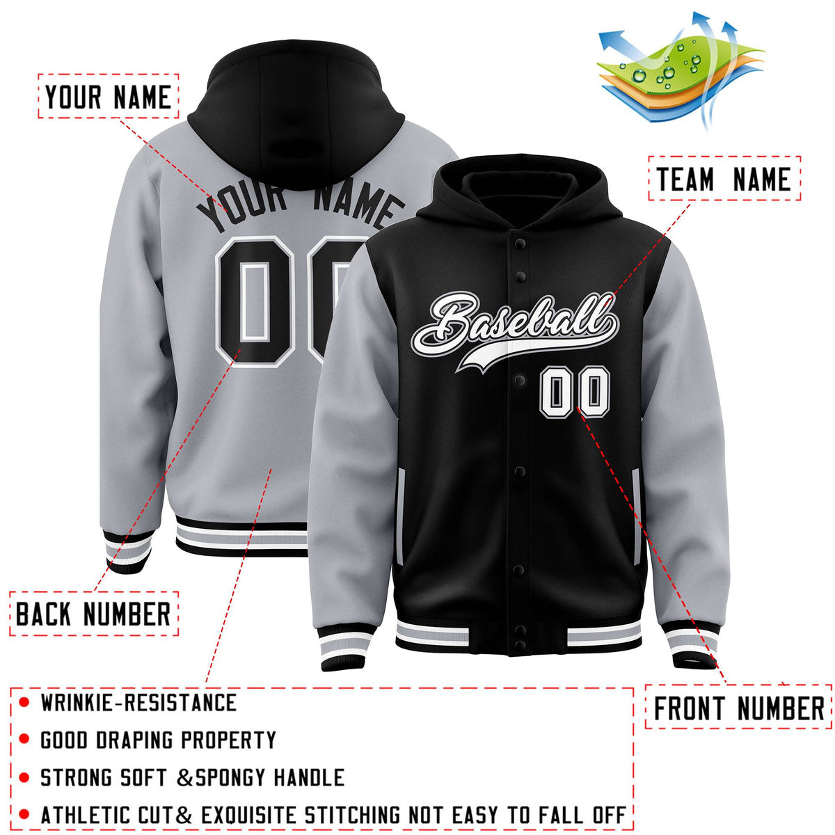 Custom Black Gray Raglan Sleeves Varsity Full-Snap Letterman Two Tone Jacket Hoodie| KXKSHOP