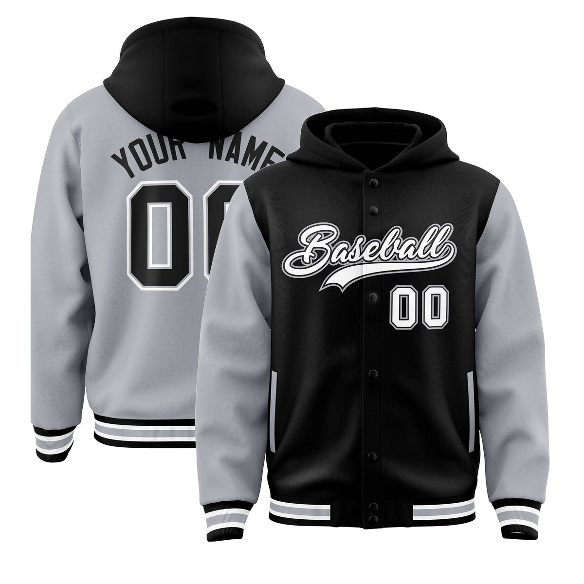 Custom Black Gray Raglan Sleeves Varsity Full-Snap Letterman Two Tone Jacket Hoodie| KXKSHOP