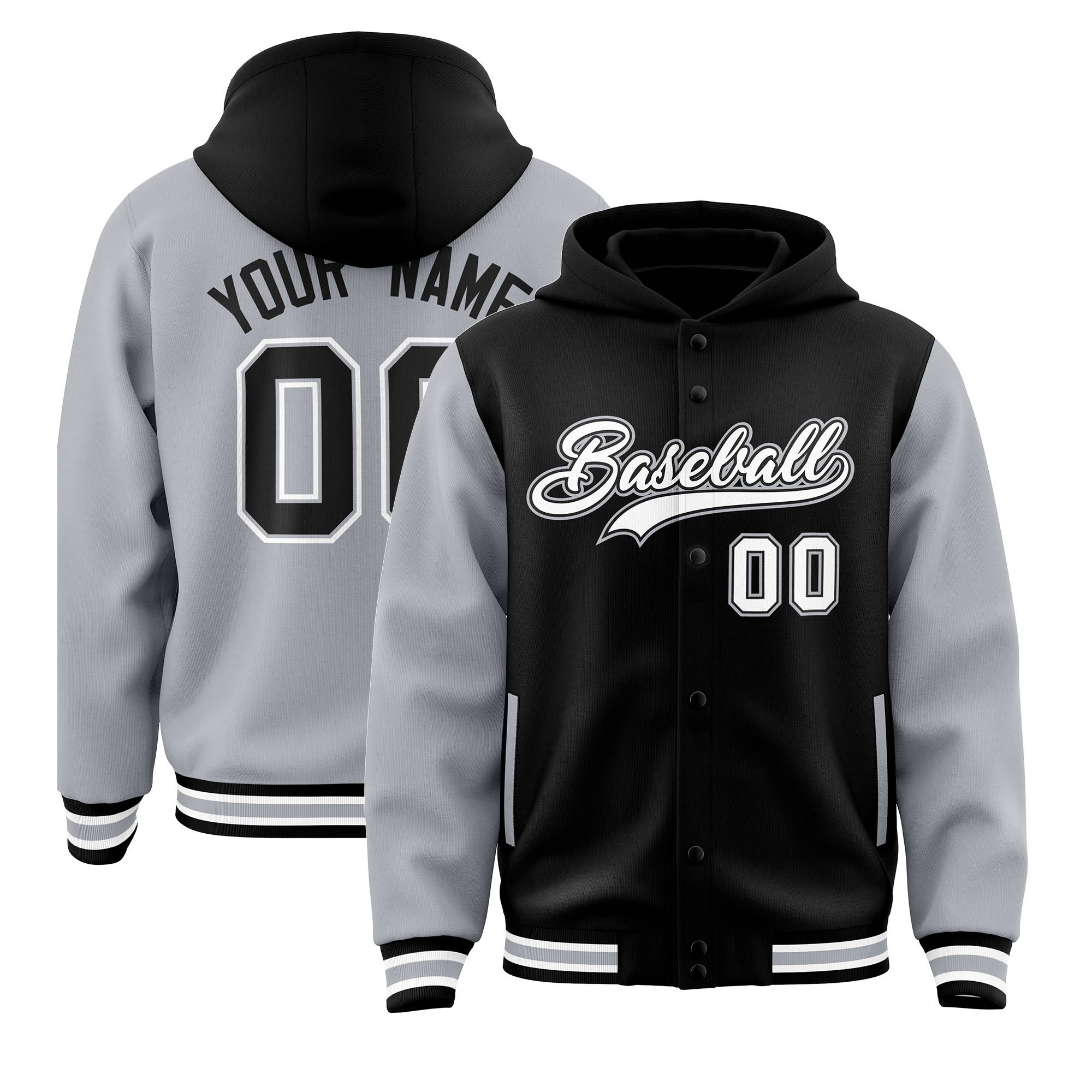 Custom Black Gray Raglan Sleeves Varsity Full-Snap Letterman Two Tone Jacket Hoodie| KXKSHOP