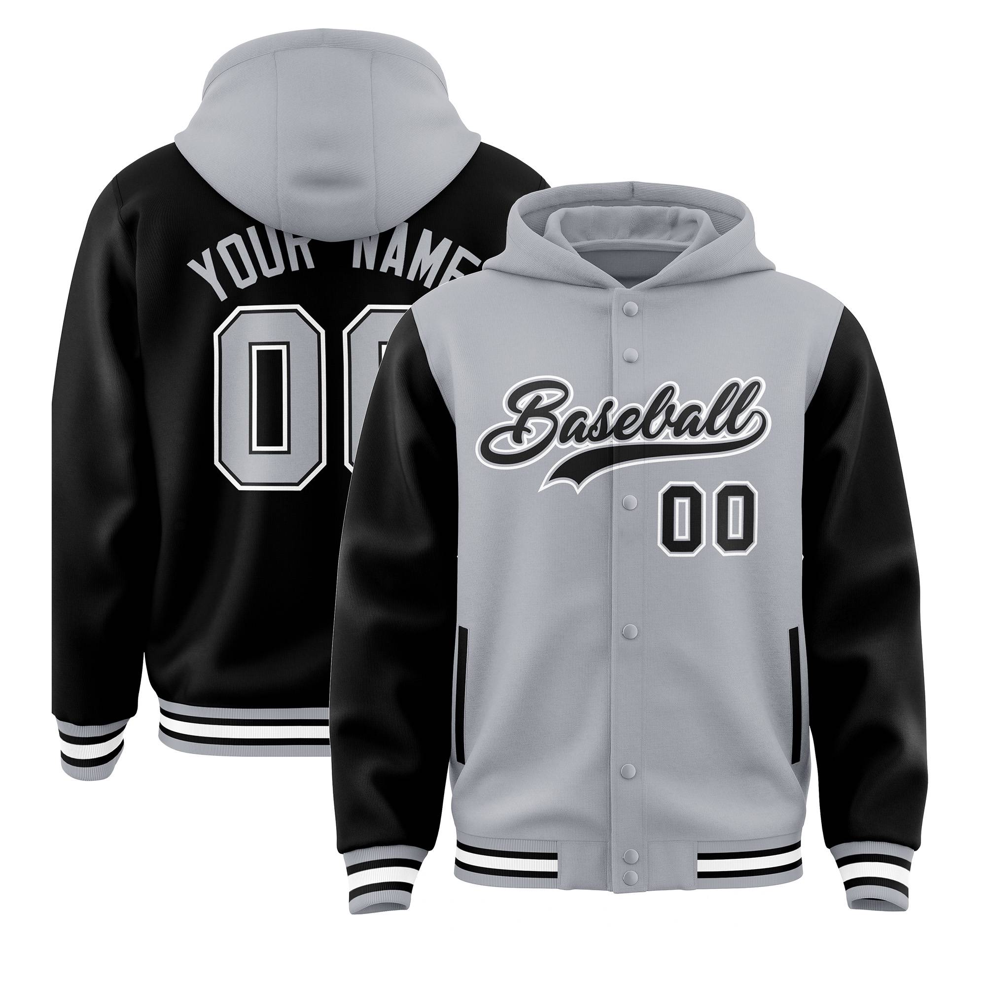 Custom Gray Black Raglan Sleeves Varsity Full-Snap Letterman Two Tone Jacket Hoodie| KXKSHOP