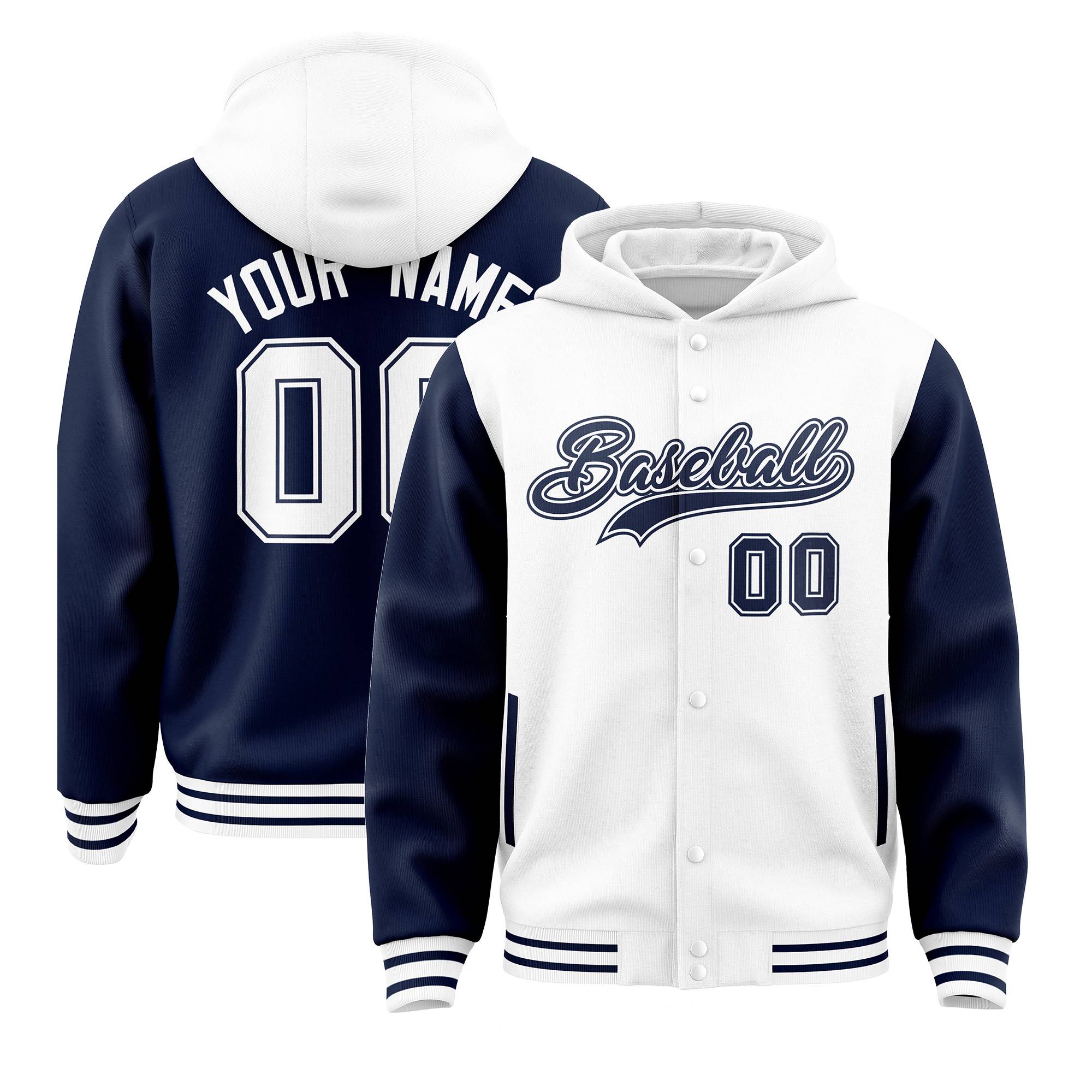 Custom White Navy Raglan Sleeves Varsity Full-Snap Letterman Two Tone Jacket Hoodie| KXKSHOP