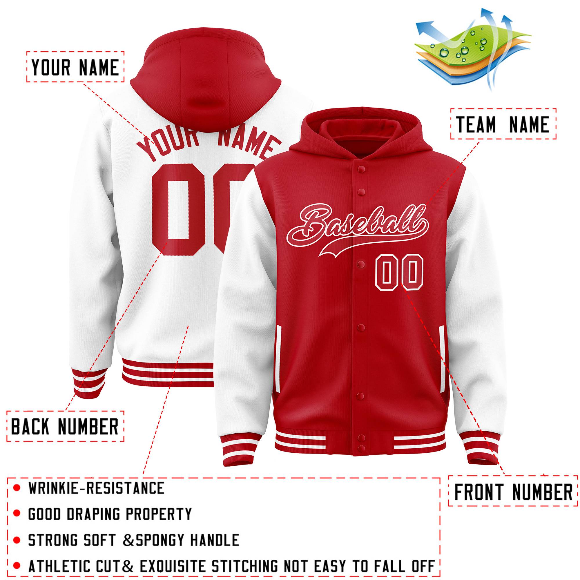 Custom Red White Raglan Sleeves Varsity Full-Snap Letterman Two Tone Jacket Hoodie| KXKSHOP