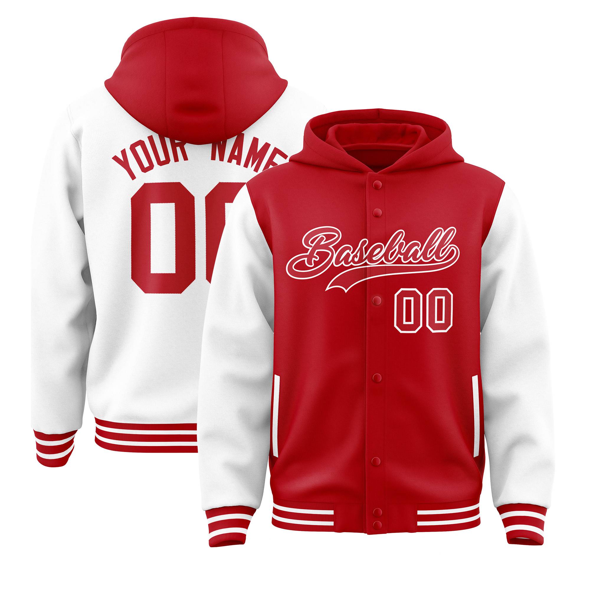 Custom Red White Raglan Sleeves Varsity Full-Snap Letterman Two Tone Jacket Hoodie| KXKSHOP