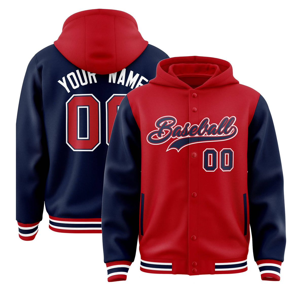 Custom Red Navy Raglan Sleeves Varsity Full-Snap Letterman Two Tone Jacket Hoodie| KXKSHOP