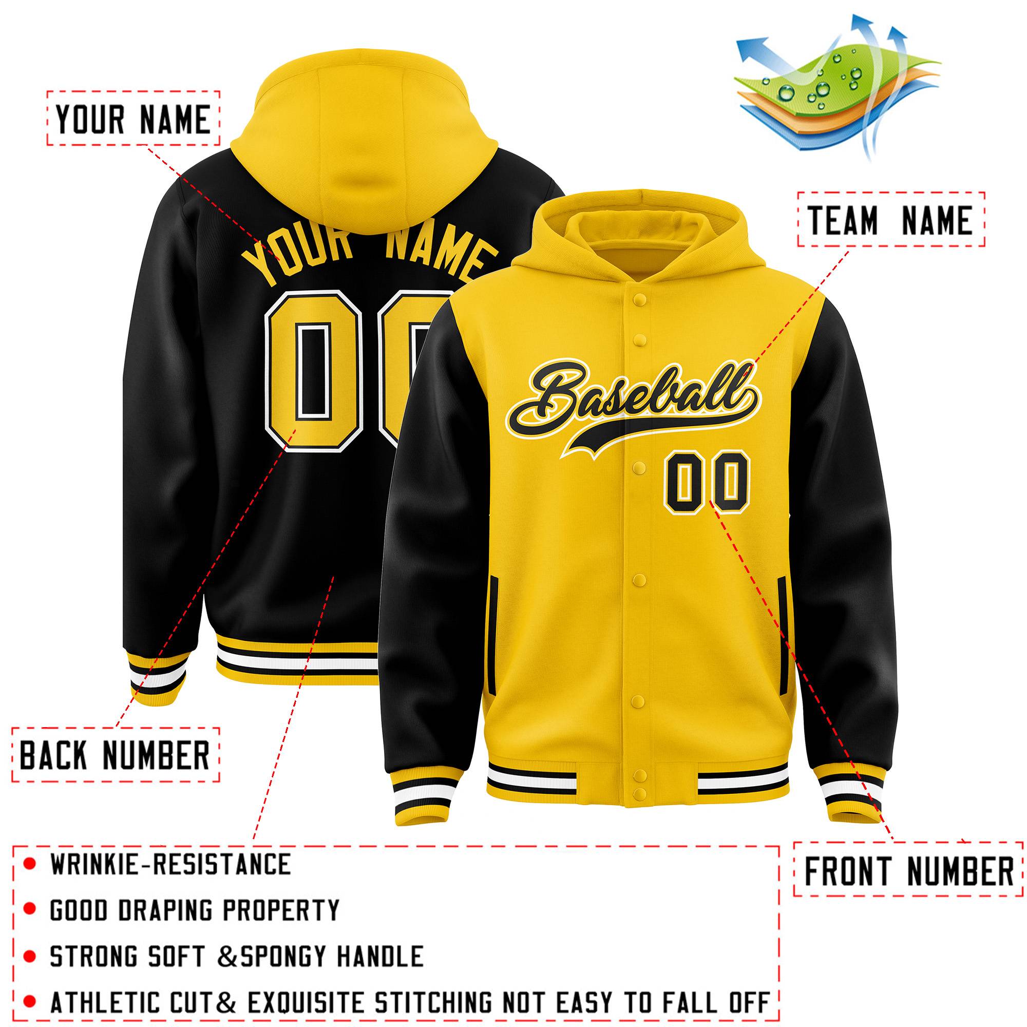 Custom Gold Black Raglan Sleeves Varsity Full-Snap Letterman Two Tone Jacket Hoodie| KXKSHOP