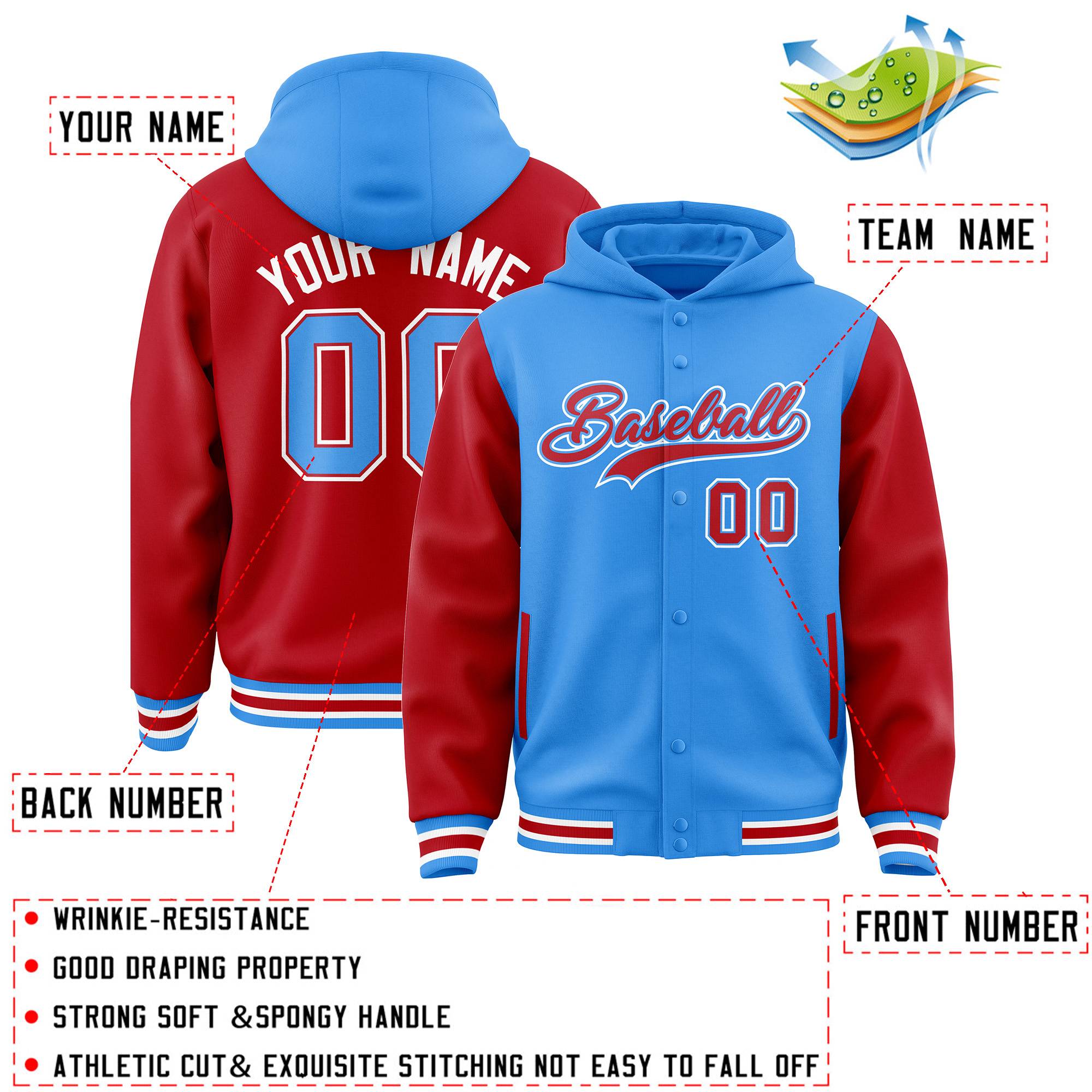 Custom Powder Blue Red Raglan Sleeves Varsity Full-Snap Letterman Two Tone Jacket Hoodie| KXKSHOP