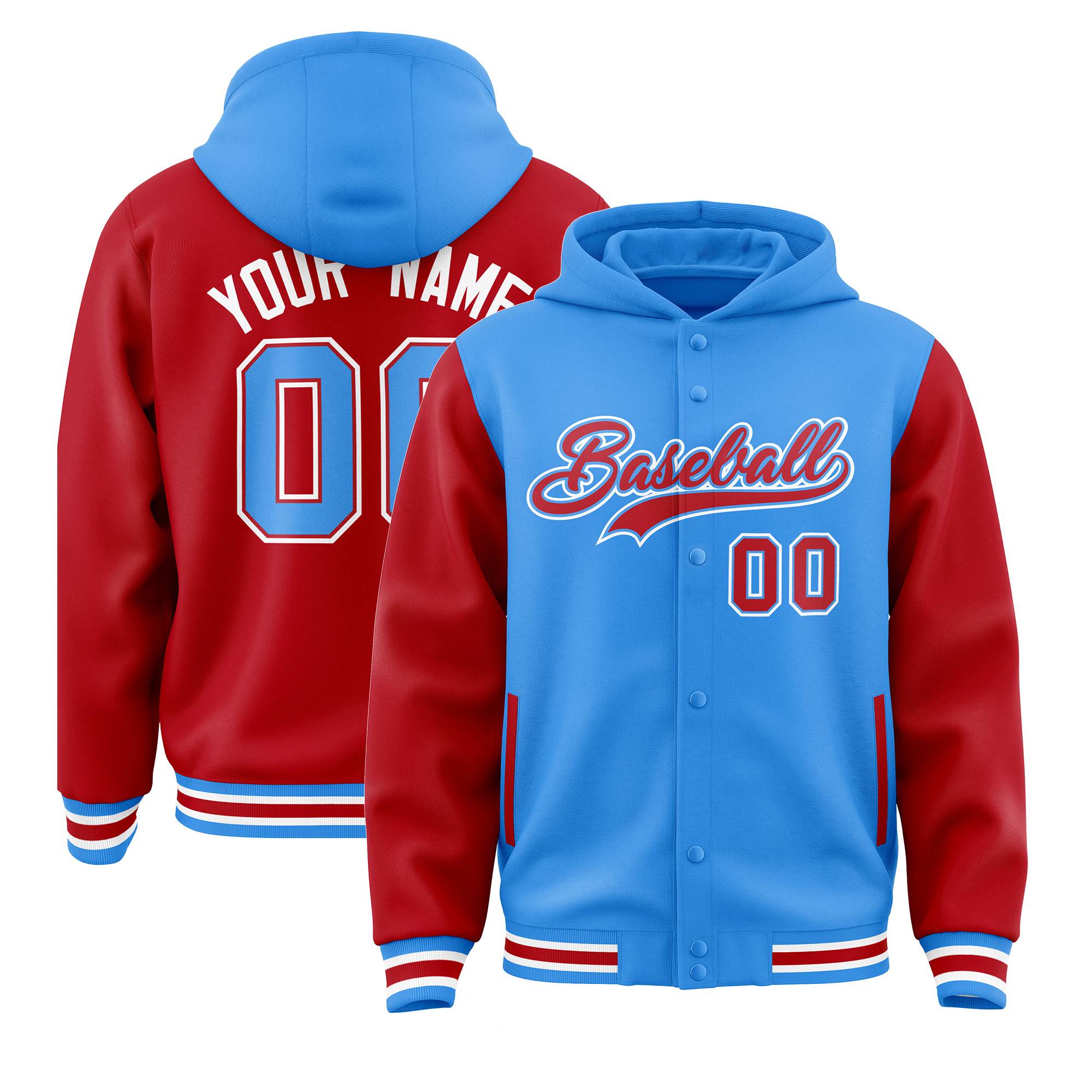 Custom Powder Blue Red Raglan Sleeves Varsity Full-Snap Letterman Two Tone Jacket Hoodie| KXKSHOP