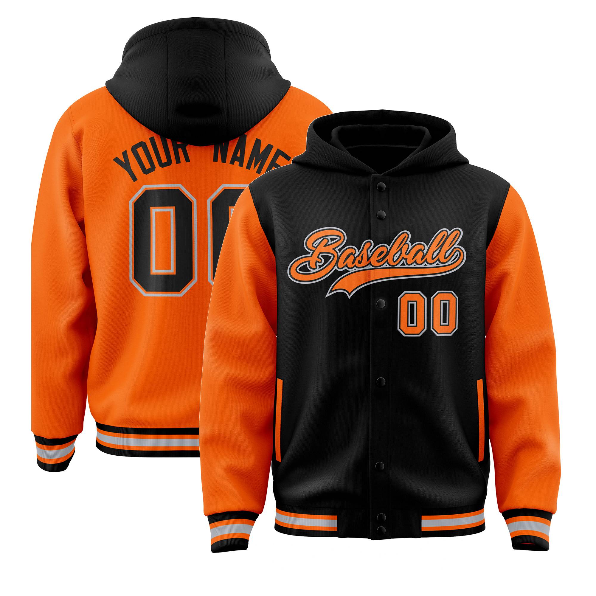 Custom Black Orange Raglan Sleeves Varsity Full-Snap Letterman Two Tone Jacket Hoodie| KXKSHOP