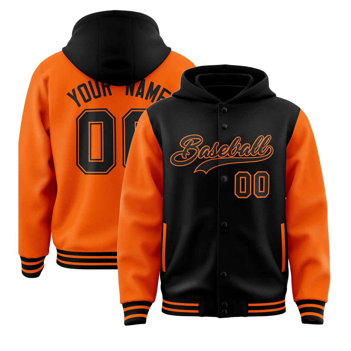 Custom Black Orange Raglan Sleeves Varsity Full-Snap Letterman Two Tone Jacket Hoodie| KXKSHOP