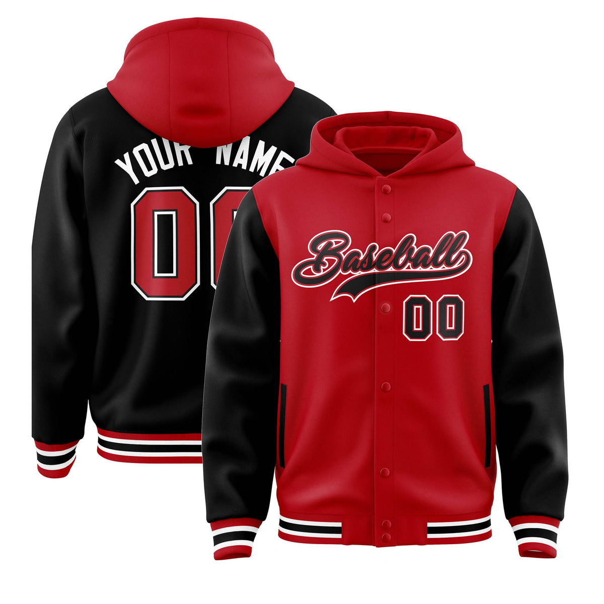 Custom Red Black Raglan Sleeves Varsity Full-Snap Letterman Two Tone Jacket Hoodie| KXKSHOP